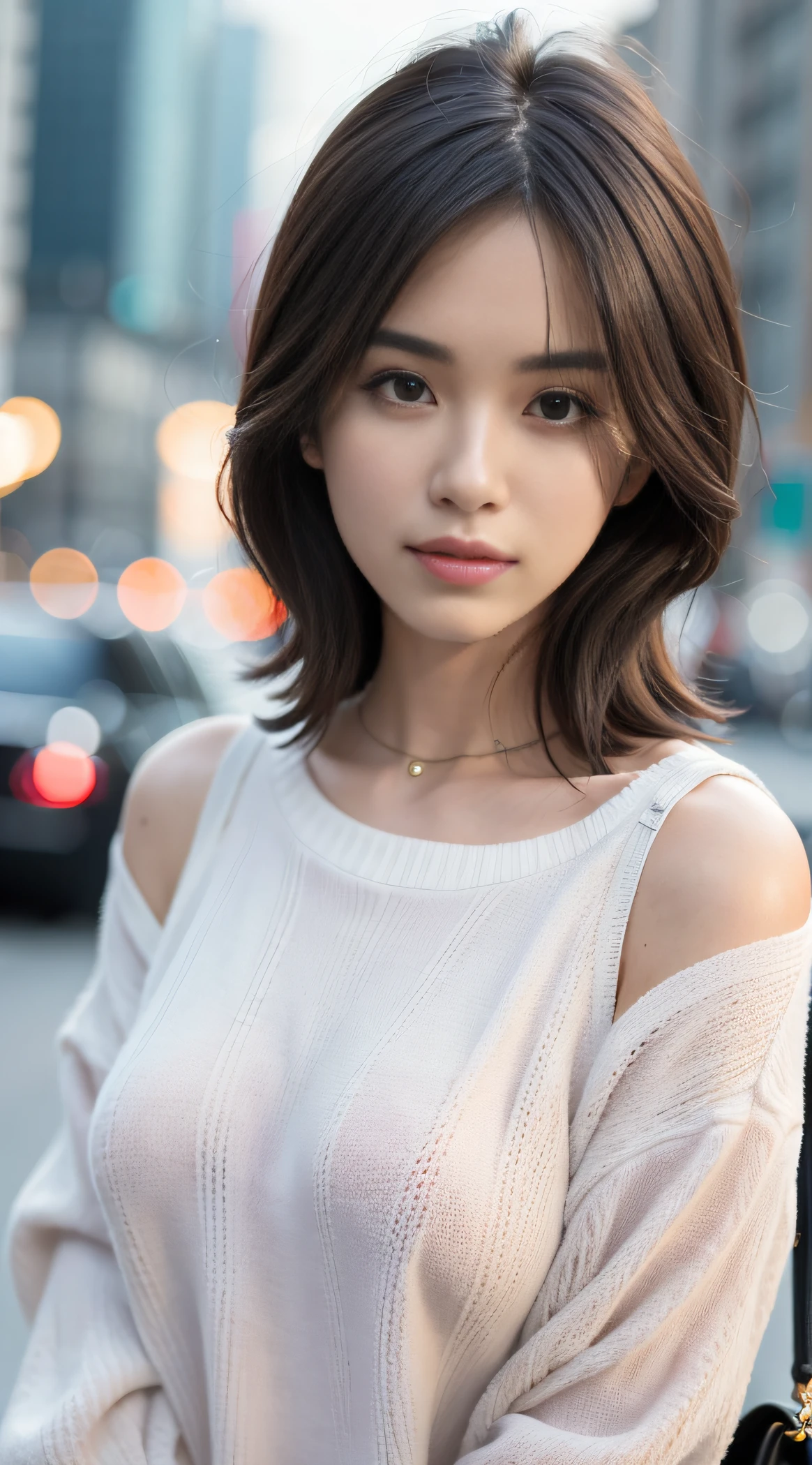 Handsless posture, mix4,(8K, RAW photo, Best quality, Masterpiece:1.2), (Realistic, photo-realistic:1.37),1girll,,Cityscape, Night, rain, Professional lighting, photon maping, Radio City, Physically-based rendering,, gradient black colour hair, Short curly hair, Handsome, Girl, Lilac sweater, top quality picture, high resolution, 1080p, (Clear face), (Detailed facial description), (Masterpiece), (exquisite CG), Extreme light and shadow, Messy hair, Master's work, rich details, (Fine facial features), (highest quality picture), (Masterpiece), (Detailed eyes),Look ahead with your eyes,fine collar bone,Do not wear revealing clothing,Beautiful gesture