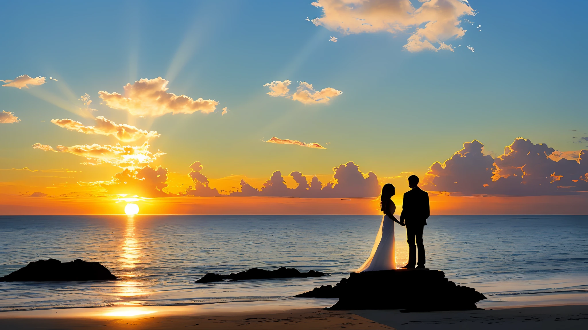 Artwork Happy newlyweds holding hands on Indian Ocean shore at sunset、(Long veil:1.3)、Beautiful kiss、(Sun'rays:1.3)、Big yacht、Big Moon、Golden light、(Small transparent silhouette:1.4)、Hazy lighting、depth of fields、Horizon haze、Blue Lagoon、(cumulus:1.2)、(oilpaint:1.2)、art stations、softfocus、 vignettes、35mm、by Greg Rutkowsky