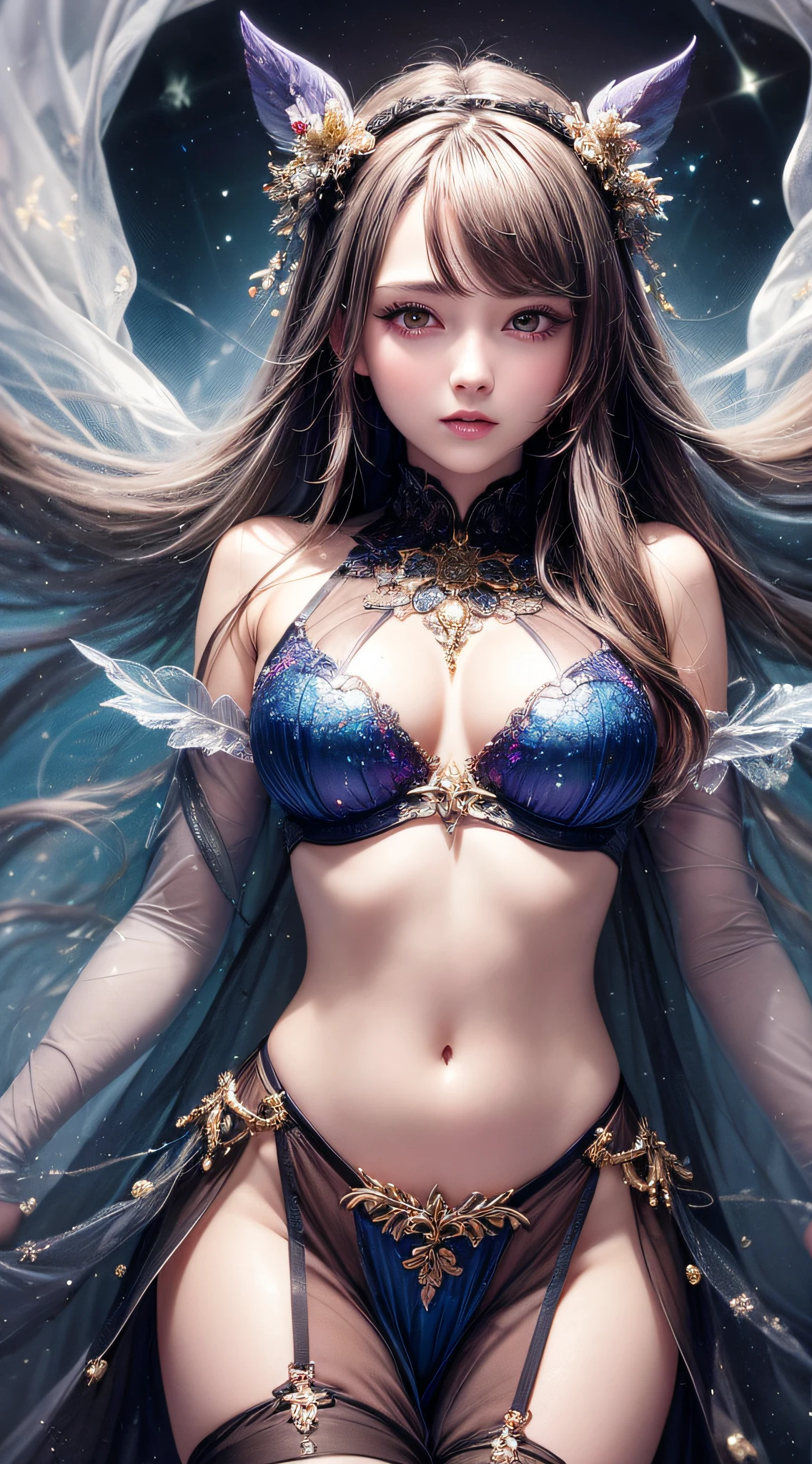 Beautiful girl story wrapped in love, Beautiful eye details, A captivating anime girl gracefully emerges from the pages of a watercolor painting, Her vivid and complex colors are, Bring your artwork to life, (see-through transparent clothes, Transparent costume:1.5), She wears a chest-opening fantasy costume decorated with delicate details,Fascinating worldview, Luminescent elements, Glowing crystals surround her like air, casting a soft, otherworldly glow, The style of watercolor painting is、Imbues the image with a sense of fluidity and delicacy, as if the colors are effortlessly blending and bleeding into one another, Camera shot: medium shot, Soft Focus, luminescent glow Lighting, watercolor brushstrokes, Sophisticated and very delicate anime illustration, unique colors, Portrait of an anime girl, Costume with open chest, Irridescent color, beautiful girl illuminated by seven colors of light,