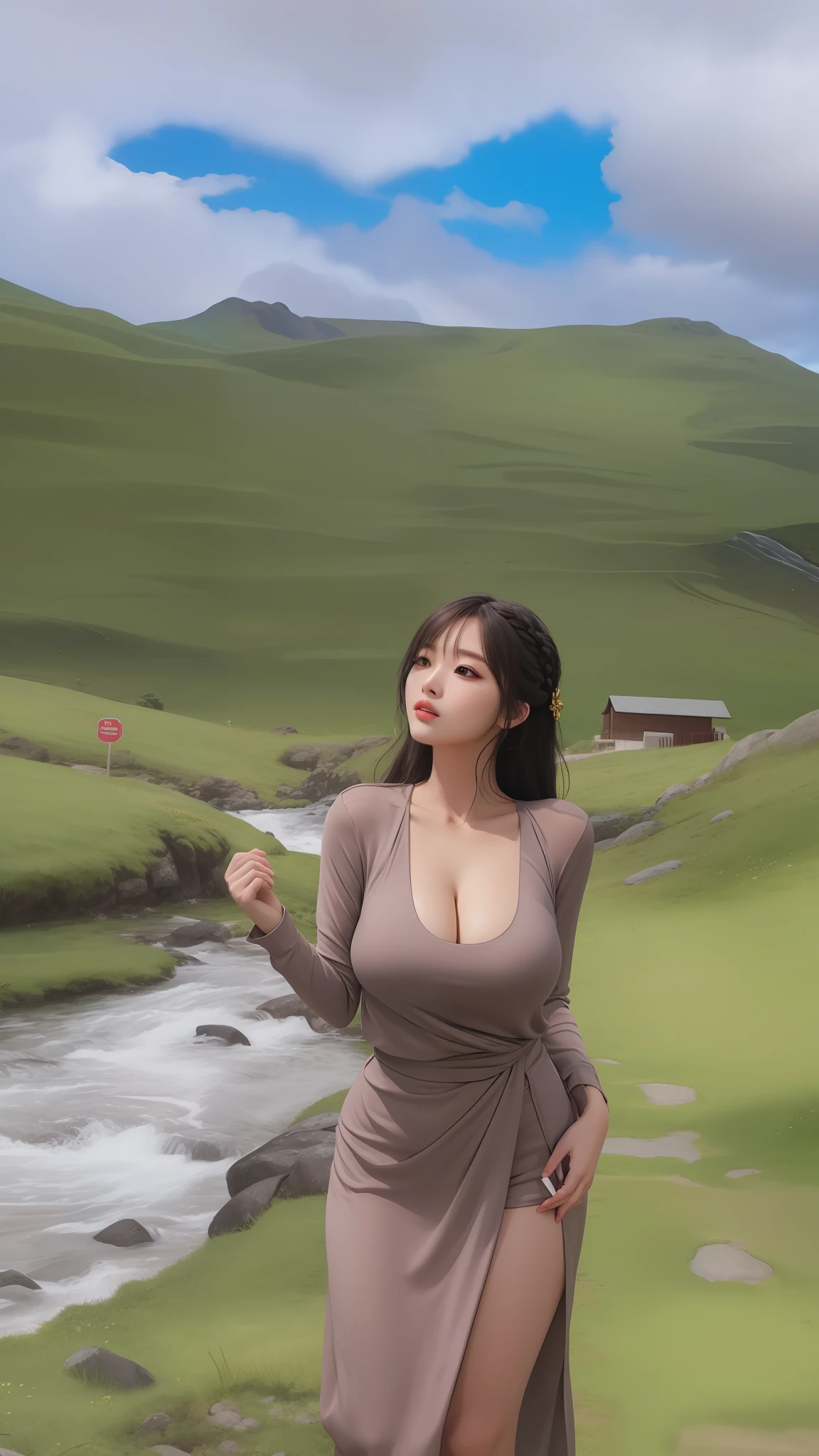 An Idol k-pop girl, (cute face, lewd face), braid hair, intricate face details, detailed face, golden ratio face, ((big breasts:1)), ((slim waist, big butt, big hip, big thighs)), ((intricate hands, detailled hands)), ((intricate feets, detailled feets)), full body, 64K, UHD, HDR, global illumination, (high quality, high detailed, hyper detailed, extremely detailed), photo realistic, ultra realistic, art photo, (clarify the details, detailed parts body), intricate artwork masterpiece, trending on artstation, (drunk face), tight clothes, (she is sexually aroused), ((polished skin:1,9)), look at viewer, walking, grass, rocks, the stream, mountain,, water, sky, clouds