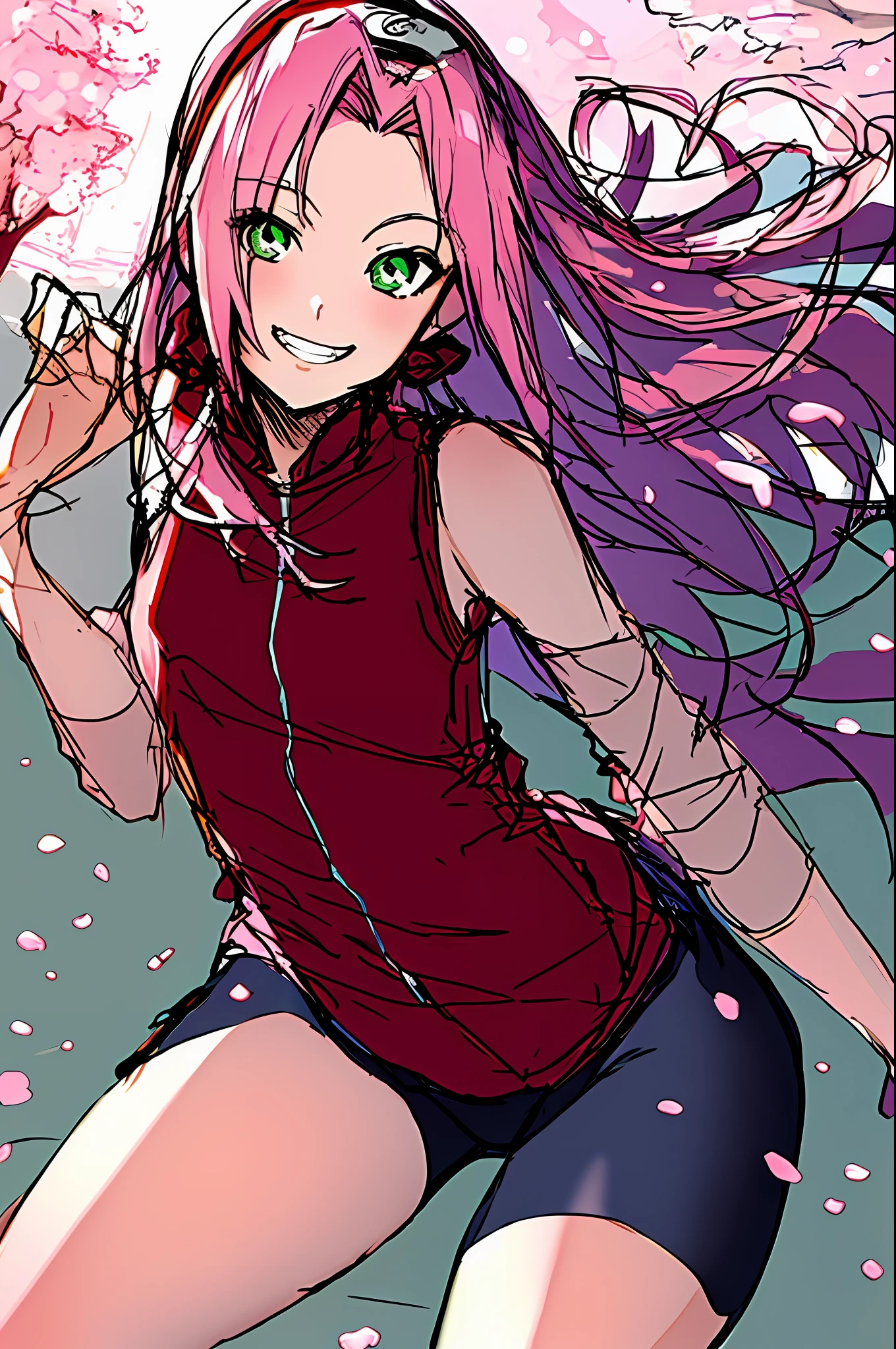 Sakura Haruno, Naruto \(Series\),( Legs,Bare legs,Thighs:1.2), 1girll, Blue headband, Cherry blossoms, Green eyes, grin, hair intakes, Headband, Jacket, Long hair, view the viewer, Pink hair, Red jacket, Sketch, Sleeveless, sleeveless jacket, Small breasts, Smile, Solo, Portrait ,bike shorts ((Masterpiece)),