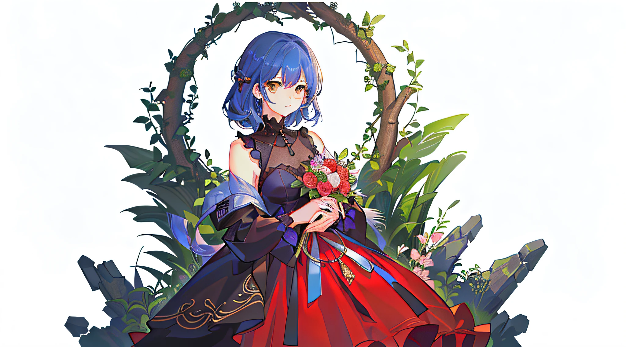 1girl in、blue hairs、Brown eyes、RED dress、stony、abajour、florals、((watching at viewers)),[(Background with:1.4)::5]Undecided illustration