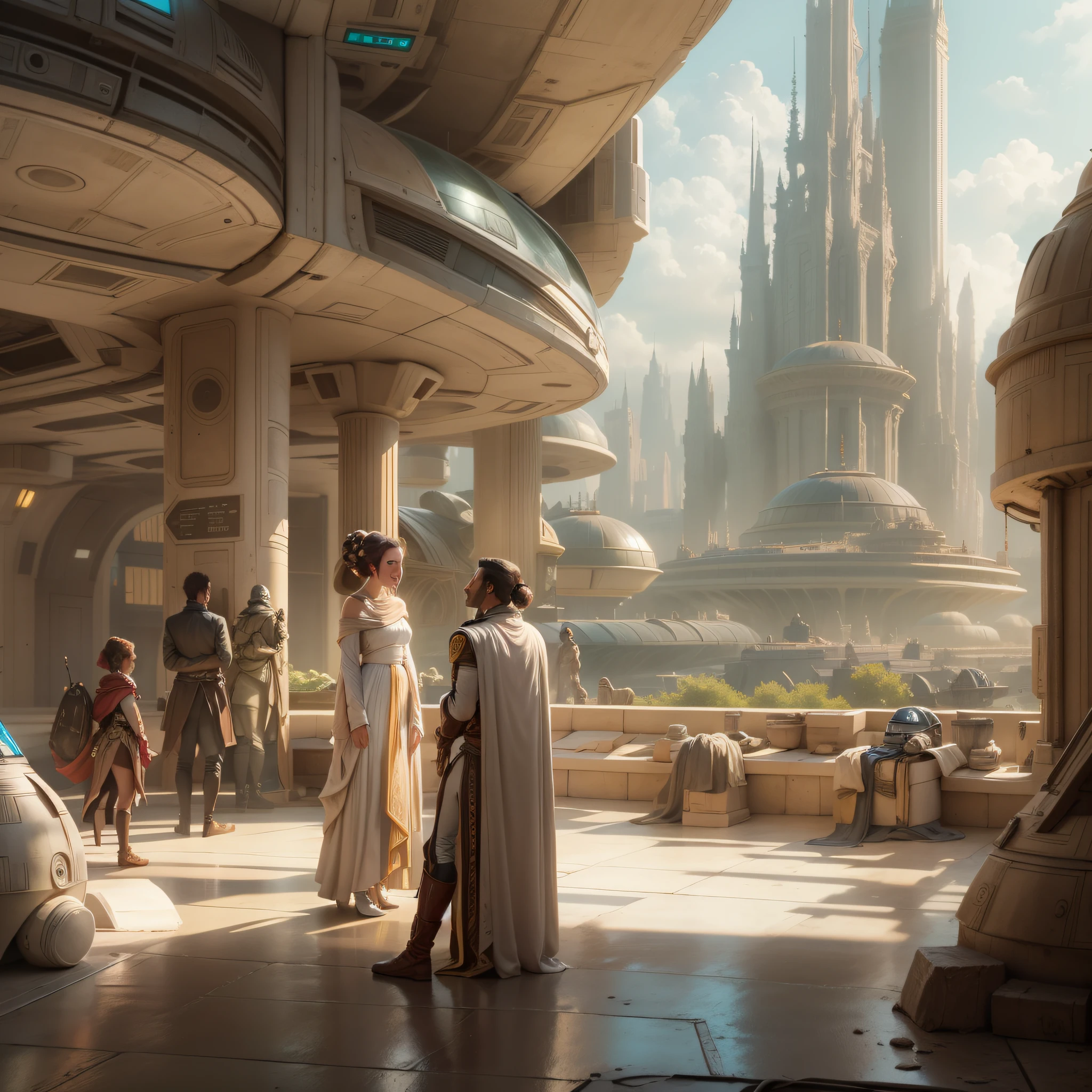 ja jar binks y la princesa leia en los majestuosos y amplios aposentos reales con gran cantidad de detalles tecnologicos y con gran terraza con gran ventanal desde donde se divisa la ciudad de coruscant con sus enormes edificios con arquitectura star wars.
