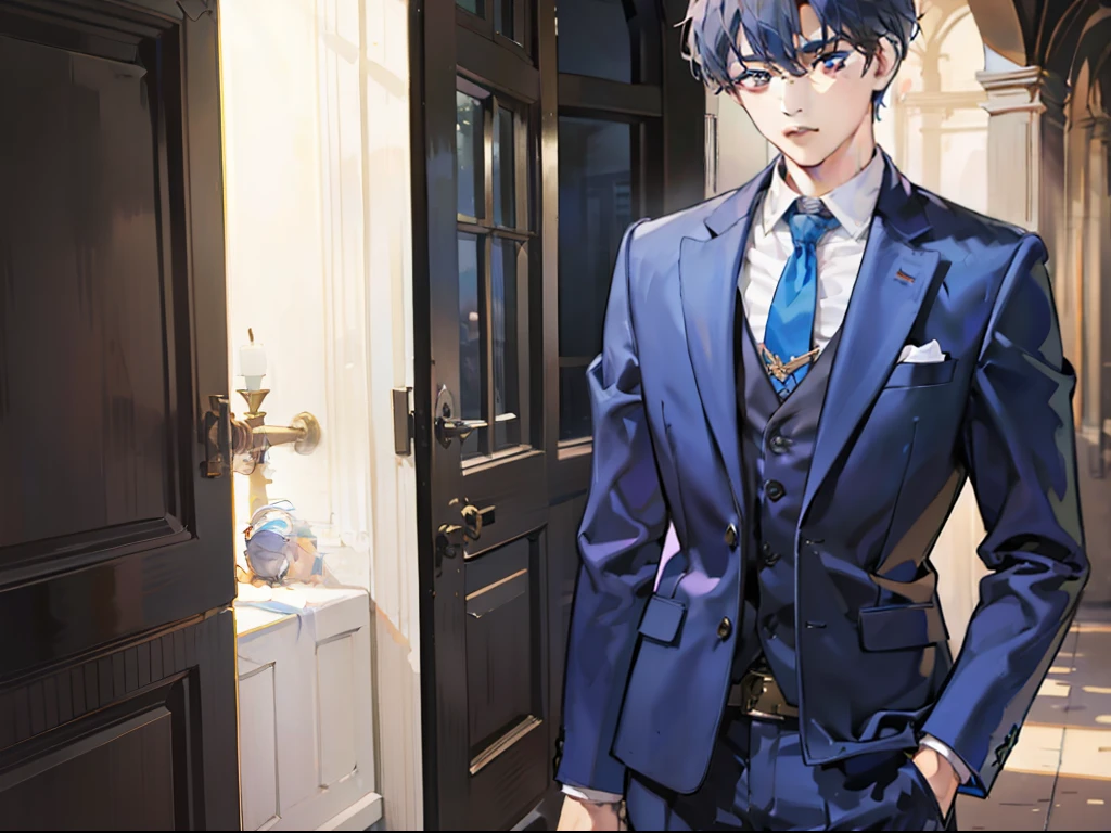 of a guy，Wearing a blue suit，Medium and short hair，Looks sweet and soft，An incredulous expression