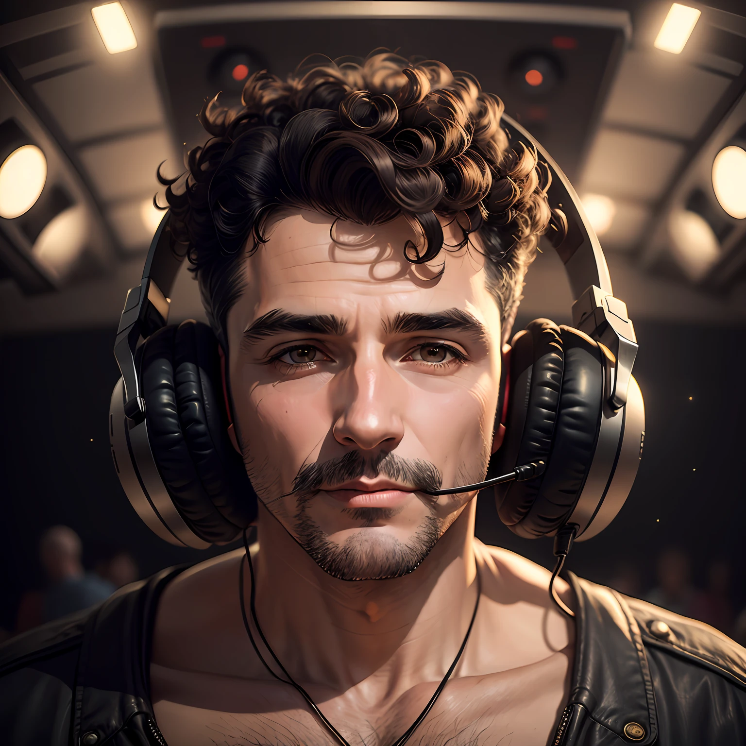 Mature man with short curly hair and large headphones over ears, from above and behind on a smokey wide open stage facing a starry night. Photographic, cinematic, vintage --auto