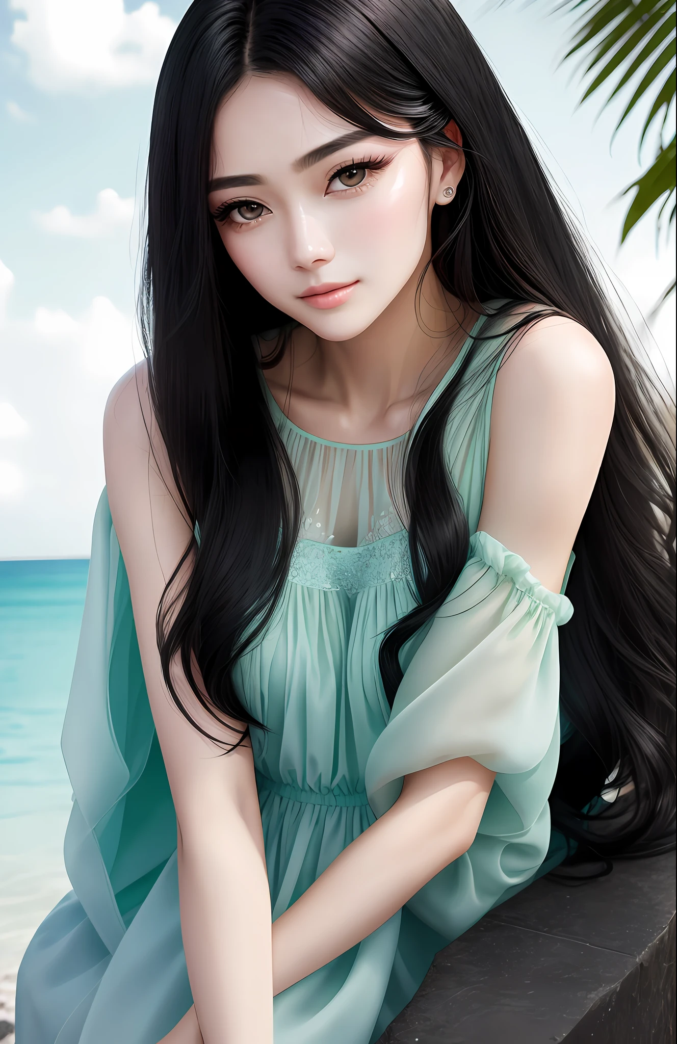 animesque、Crystal clear moisturized seagreen eyes、Beautiful woman like a fashion model、a closeup、portlate、Beautiful, Beautiful black hair without hair ornaments, hight resolution, top-quality, masterpiece, 8k wallpaper、 One Person、Beautiful skin、17age、