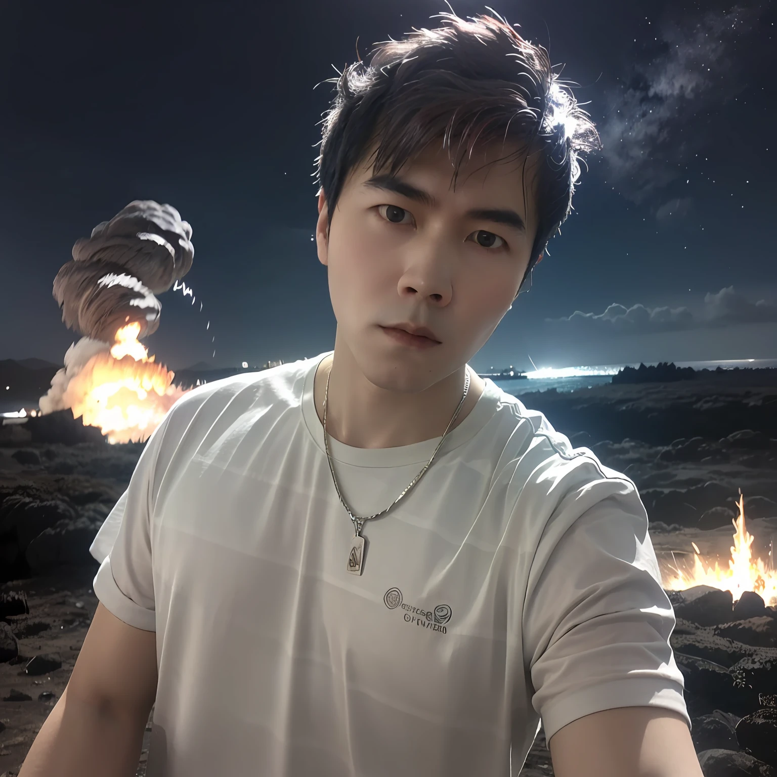 ( cool guy,White and tender skin , exquisite facial features , white color hair,blue hairs,Silvery hair,red tinted hair ), fire dragon,ice Dragon, llight rays,beam of light,swell sea,tidal waves, kosmos,starrysky,starlights,dazzling,icey , yuki, Frost , raging fire,fire dragon,The sky is shattered,The wind howled,suns,In the snowy mountains,nigth,salama,Electro-optical,raiden,thunders,themoon,crescent,rays of moonlight,Lightning,volcano exploding,a volcano erupts,rainbowing,dark stormy clouds,blasts,choppy,The waves are skyrocketing,meteorite,meteors,the fire,火焰,a sea of fire,Big wind,typhoon,Stormy,Wind and clouds change color