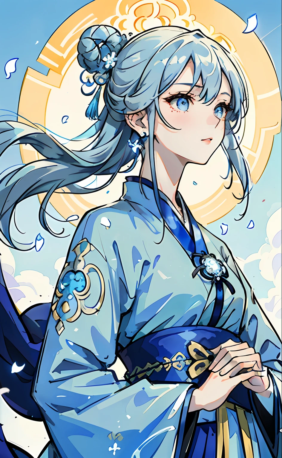 Mature girl, blue and white hair color, floating hair, delicate and flexible eyes, intricate brocade hanfu, gorgeous accessories, wearing pearl earrings, FOV, f/1.8, masterpiece, ancient Chinese style architecture, blue sky, flower petals flying, front portrait shot, Chang'e, side lighting, sunlight shining on people