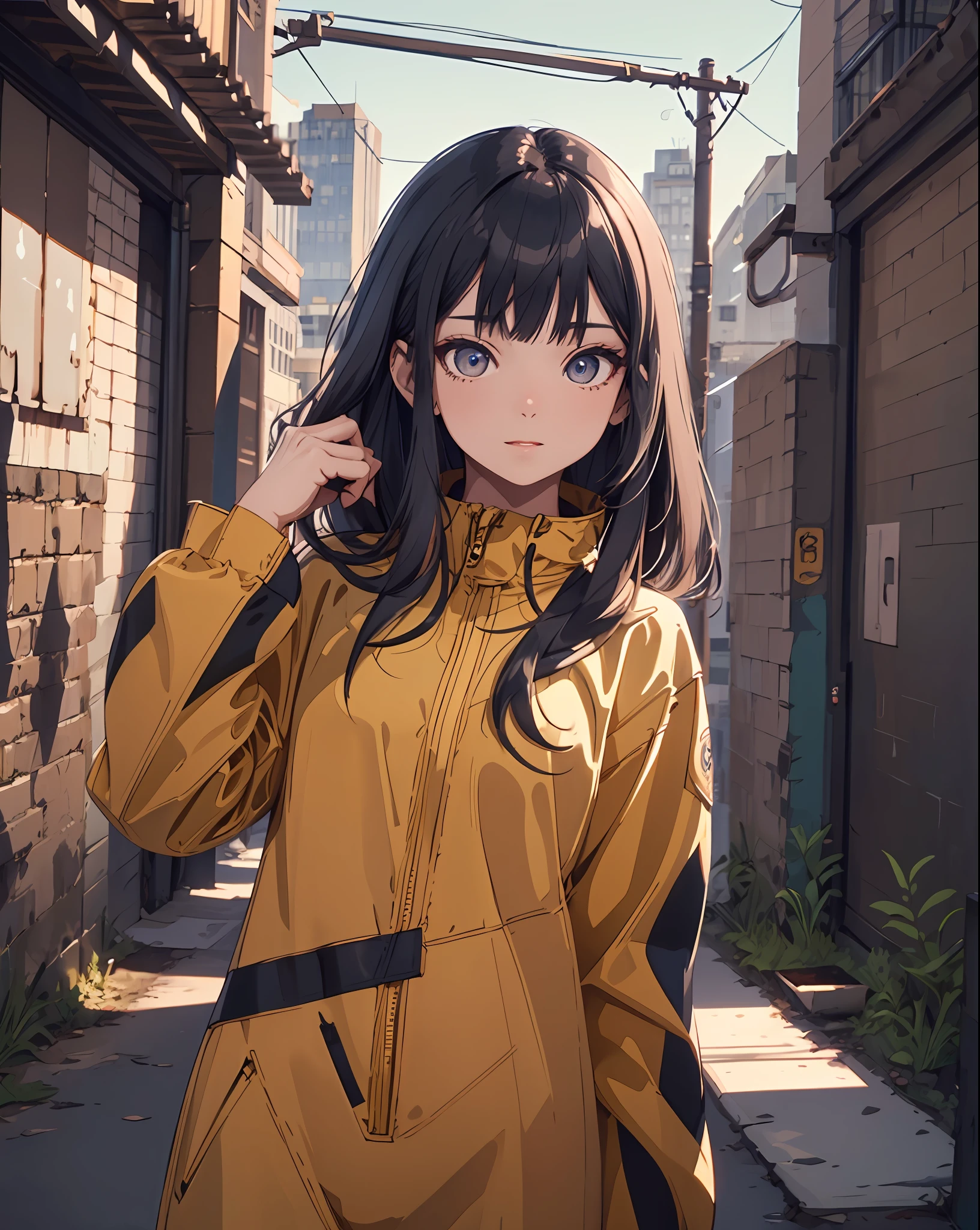 (extremely detailed CG unity 8k wallpaper,masterpiece, best quality, ultra-detailed, beautiful detailed eyes:1.2),best illumination, (best shadow, an extremely delicate and beautiful, bloom),
1gril,solo,bruceleejumpsuit, black_hair,long_hair, outdoors,cityscape, cowboy shot,gun on the head