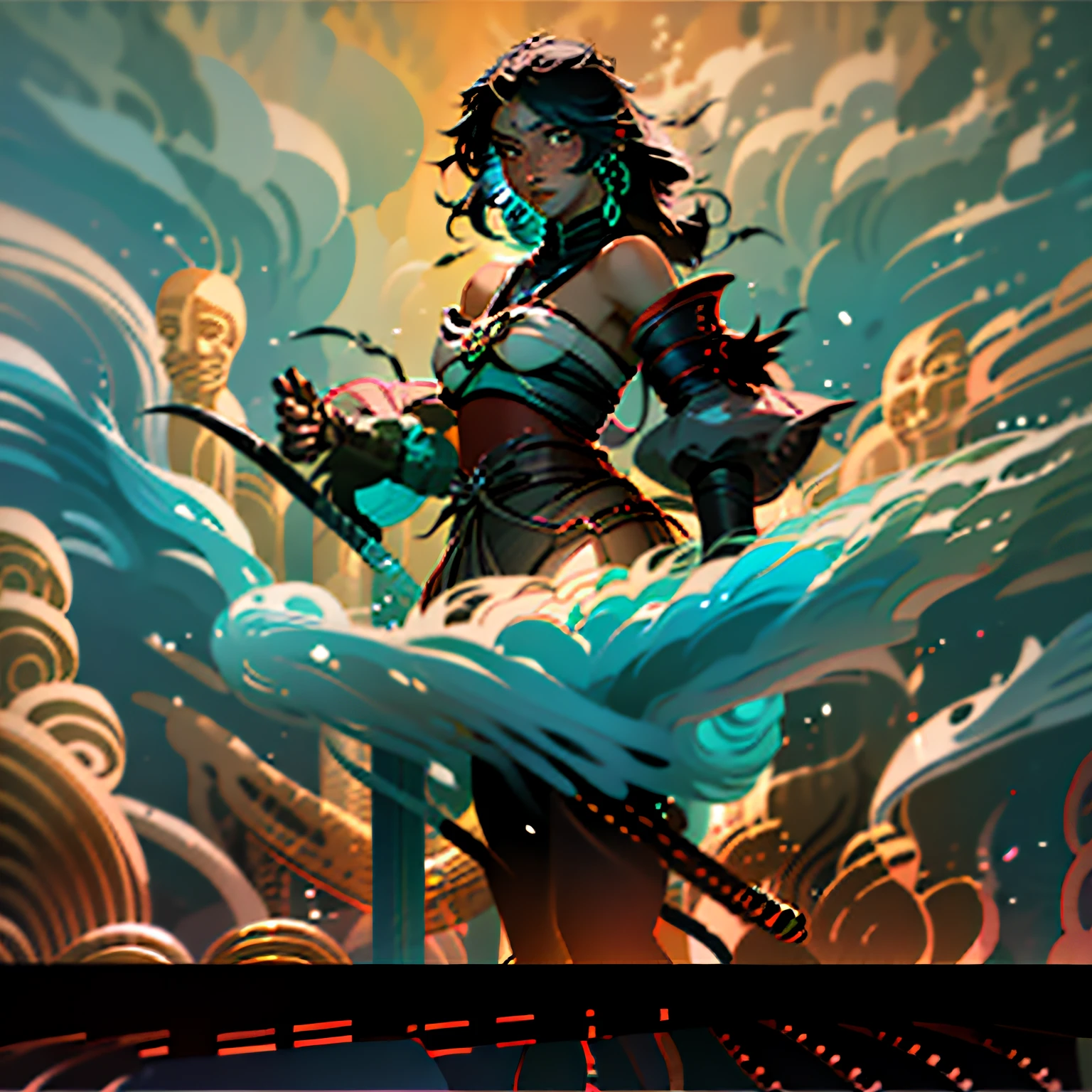 Black shoulder-length hair,The ends of the hair are cyan and dyed,Handsome,Male ager,holding samurai sword,Wears cyan haori,anime big breast,Ghibli-like colors,god light,Anime style,super detailing,tmasterpiece,Award-Awarded,Anime comic style --auto