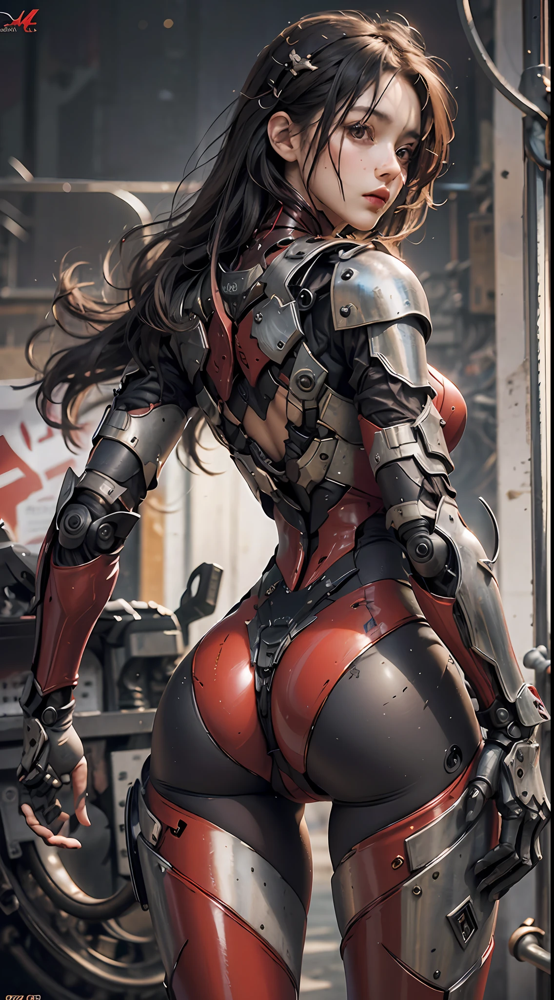 (Masterpiece), (Best quality), Photorealism, Realistic, Ultra detailed, Perfect face, Perfect body, 1girll, Beautiful girl, Girl in red armor, Mechanical armor, exoskeleton, Stand, Cool pose, Sexy, Watching from behind