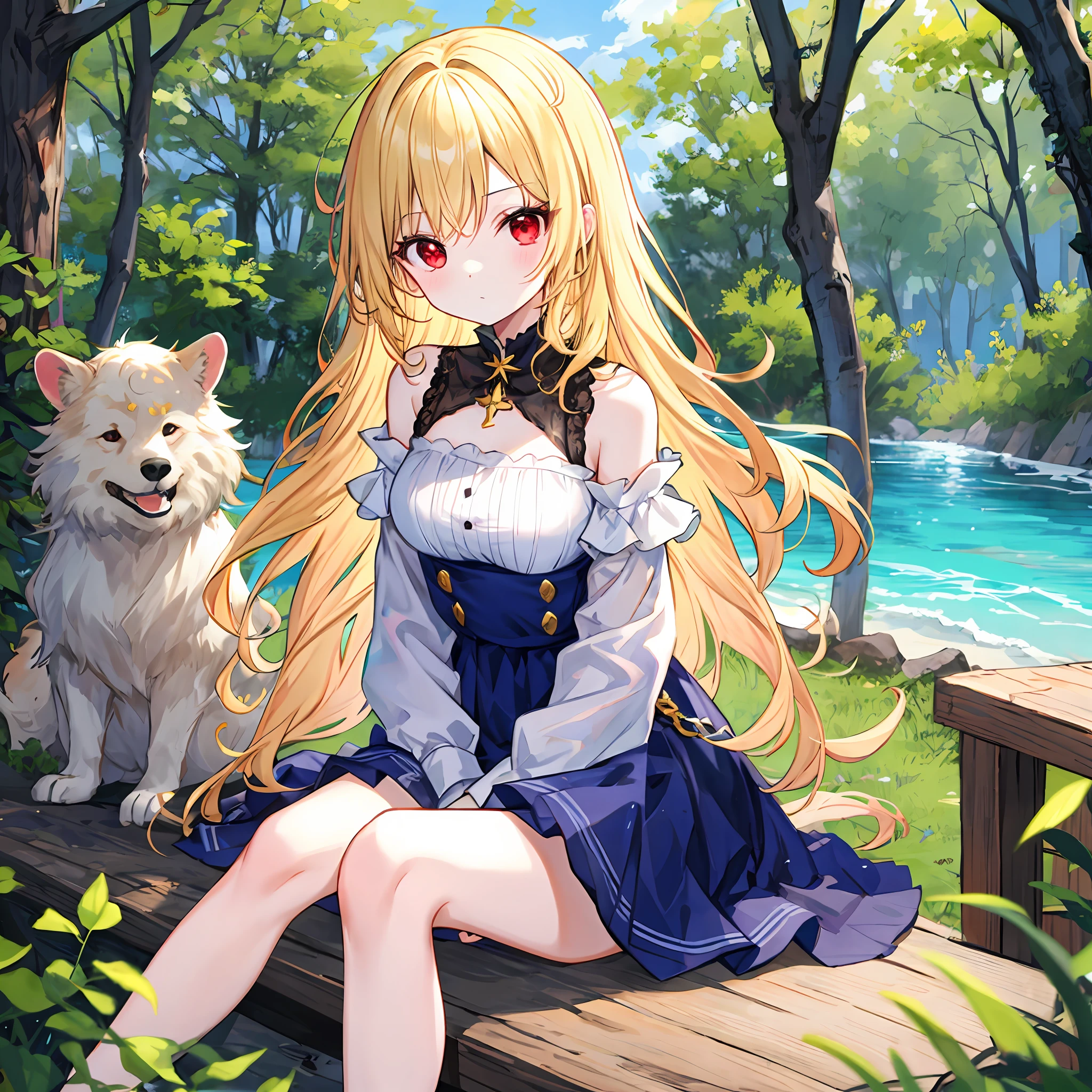 Wavy blonde girl、独奏、red eyes、doress、off shoulders、suns、the woods、sitting on