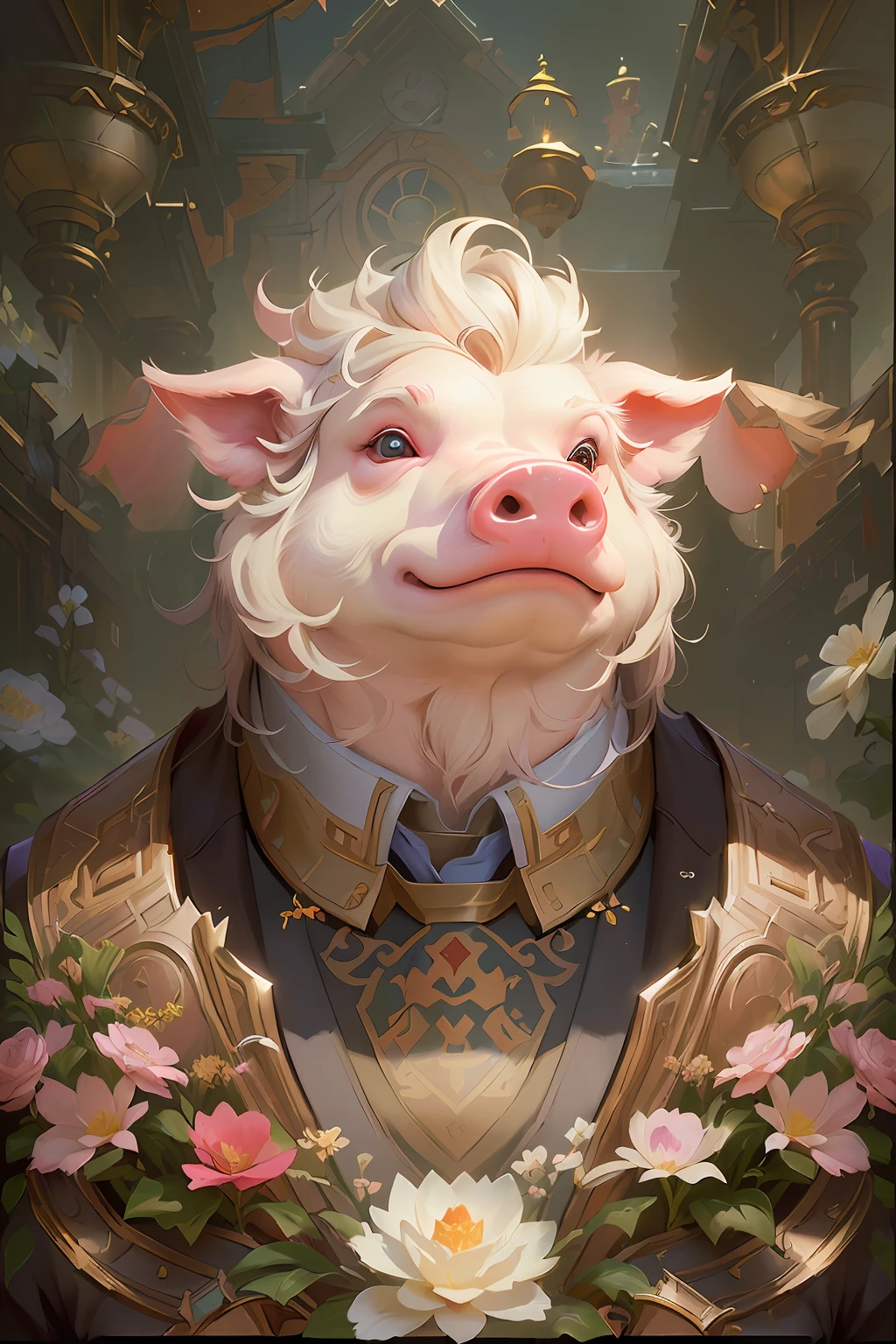 There is a painting,It depicts a pig in a suit and flowers, wojtek fus, anthropomorphic warrior piglet, collectible card art, wlop and ross thran, art by Wlop and Greg Rutkowski, author:Ryan Yee, WLOP Art, by Yang J, Hearthstone card art, Guviz-style artwork --auto