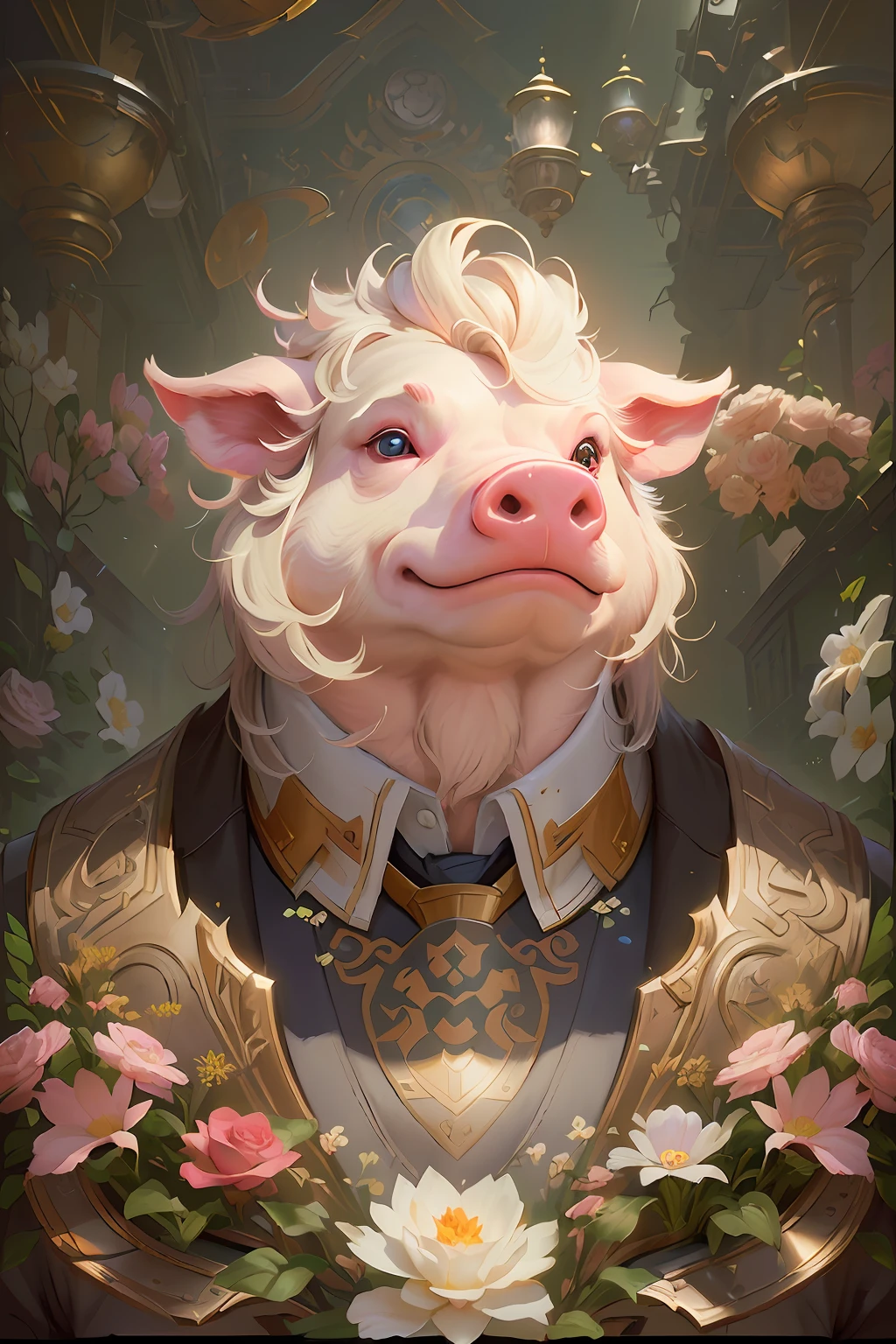 There is a painting,It depicts a pig in a suit and flowers, wojtek fus, anthropomorphic warrior piglet, collectible card art, wlop and ross thran, art by Wlop and Greg Rutkowski, author:Ryan Yee, WLOP Art, by Yang J, Hearthstone card art, Guviz-style artwork --auto