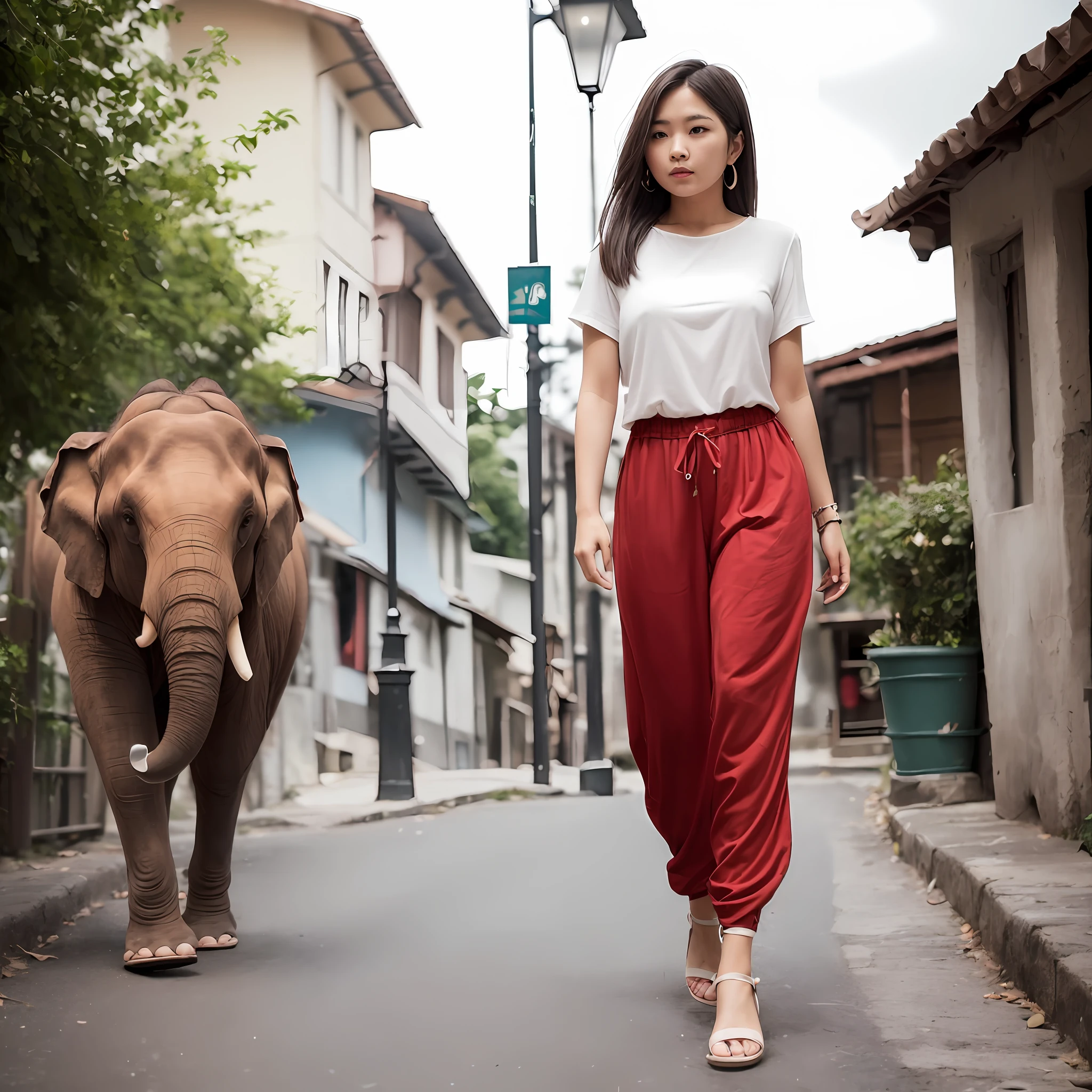 (Best quality: 1.4), (Ultra High resolution: 1.2), (Realistic: 1.4), (8k, RAW photo: 1.2), (Medium lens: 1.4), (brown eyes), Girl walking down the street, wearing (Red Thai elephant harem pants: 1.3), (White top: 1.2), (Beautiful shoes), (Natural light), (Edge light) --auto