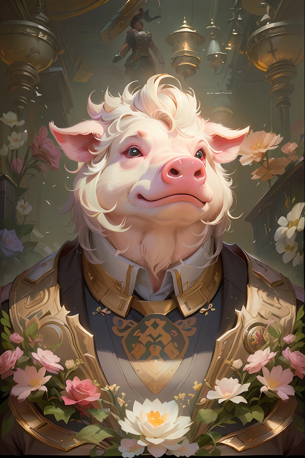 There is a painting，It depicts a pig in a suit and flowers, wojtek fus, anthropomorphic warrior piglet, collectible card art, wlop and ross thran, art by Wlop and Greg Rutkowski, author：Ryan Yee, WLOP Art, by Yang J, Hearthstone card art, Guviz-style artwork --auto