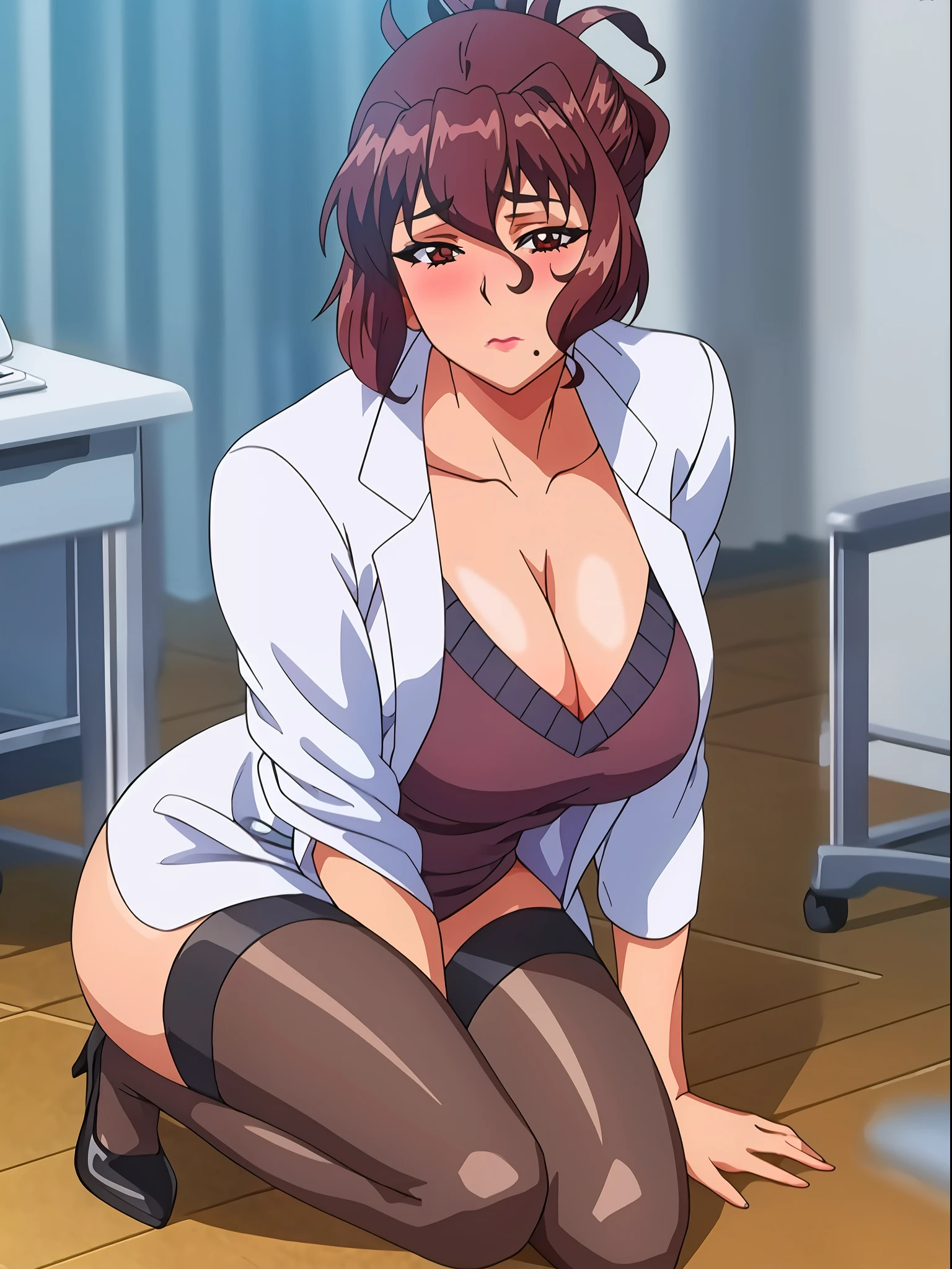 (beautiful hand:1.2), (masterpiece, best quality:1.3), Aiko Katsuragi, mature female, (full body shot:1.05), milf, 1girl, anime face, doctor, labcoat, short pencil skirt, (thighhighs:1.05), highheels, makeup, large breasts, lipstick, brown eyes, folded ponytail, brown hair, cleavage, perfect body, (athletic body:1.3), perfect eyes, perfect retina, anime eyes, eyeliner, eyeshadow, perfect face, (caring look:1.1), look at viewer, blush, high sharpness, sharp focus, medical room, professional artwork, intricate details, vivid colors, Diffused lighting, digital blending, ultra detailed body, ultra detailed hair, ultra detailed face, trending on pixiv