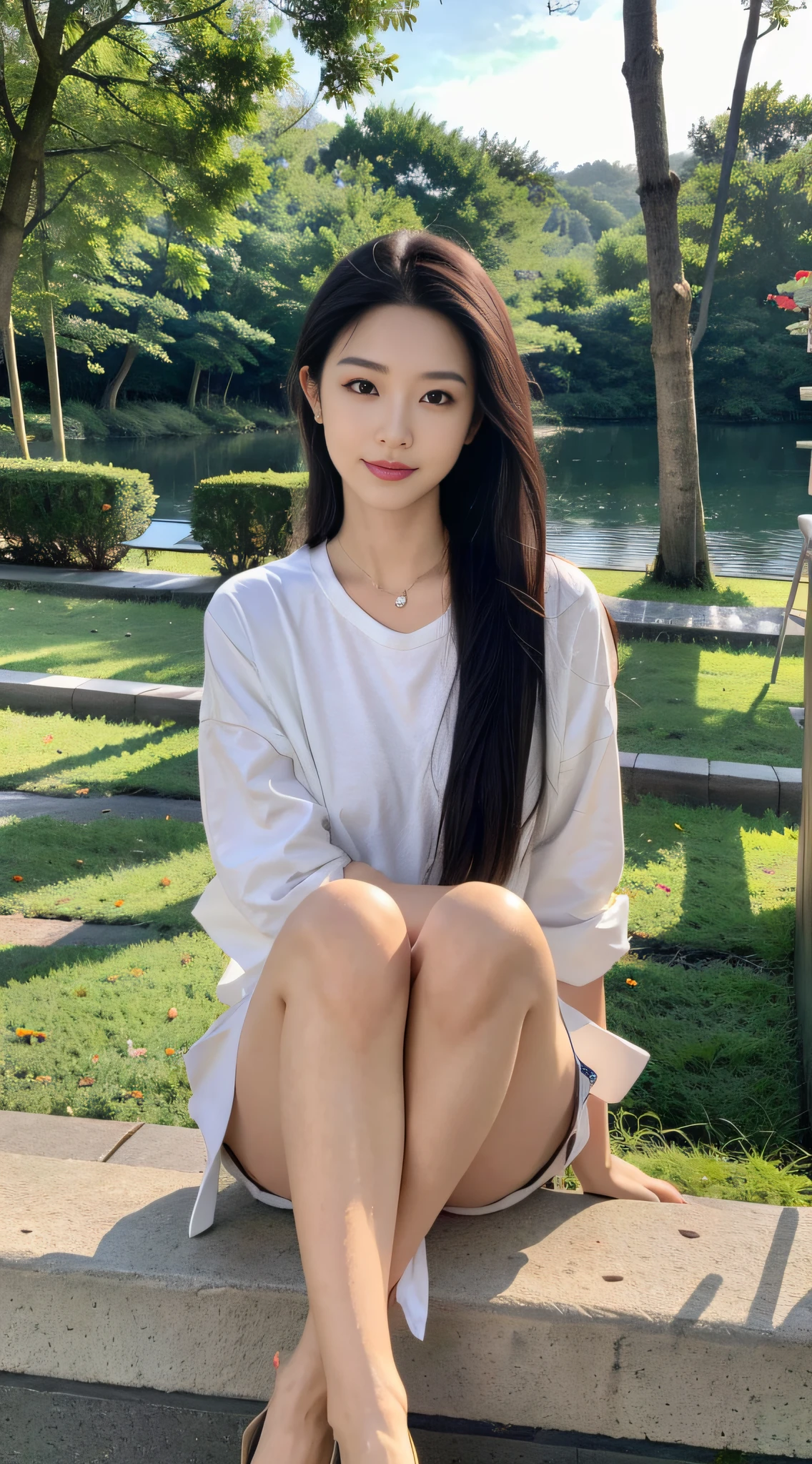 ,Masterpiece, Best quality,8K, 超高分辨率,Reallightandshadow,Cinema lenses,(beautidful eyes:1.1), ((中景 the scene is)),By the lake in the park,The gentle goddess sits on the grass。Her eyes were filled with childlike fun and serenity,It's like a return to innocence。