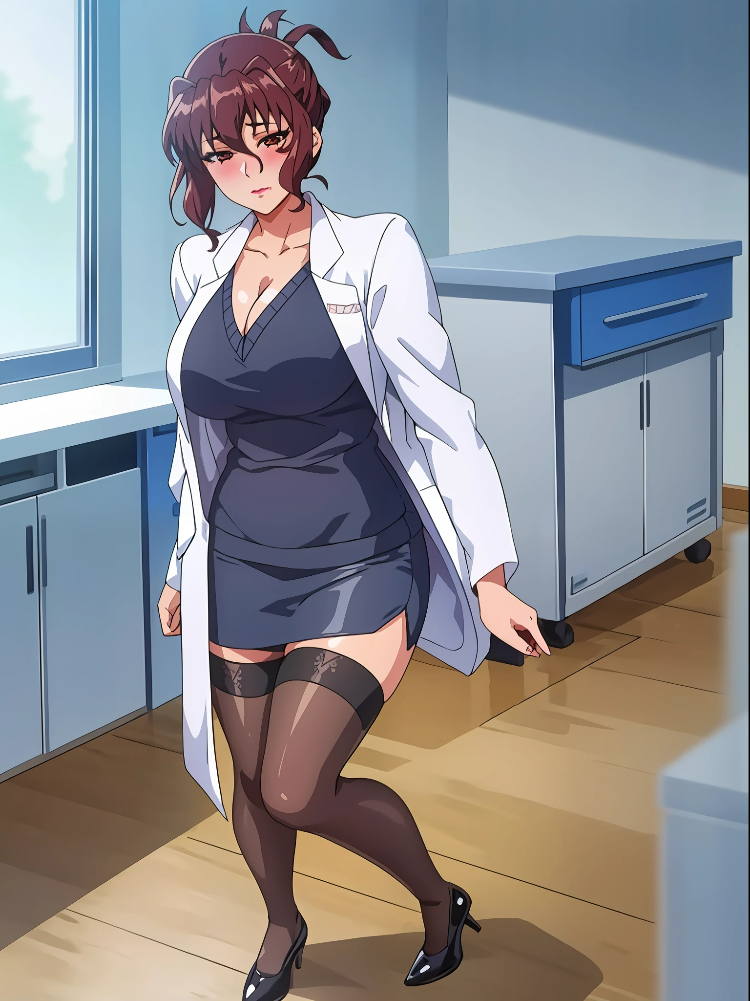 (beautiful hand:1.2), (masterpiece, best quality:1.3), Aiko Katsuragi, mature female, (full body shot:1.05), milf, 1girl, anime face, doctor, labcoat, short pencil skirt, (thighhighs:1.05), highheels, makeup, large breasts, lipstick, brown eyes, folded ponytail, brown hair, cleavage, perfect body, (athletic body:1.3), perfect eyes, perfect retina, anime eyes, eyeliner, eyeshadow, perfect face, (caring look:1.1), look at viewer, blush, high sharpness, sharp focus, medical room, professional artwork, intricate details, vivid colors, Diffused lighting, digital blending, ultra detailed body, ultra detailed hair, ultra detailed face, trending on pixiv