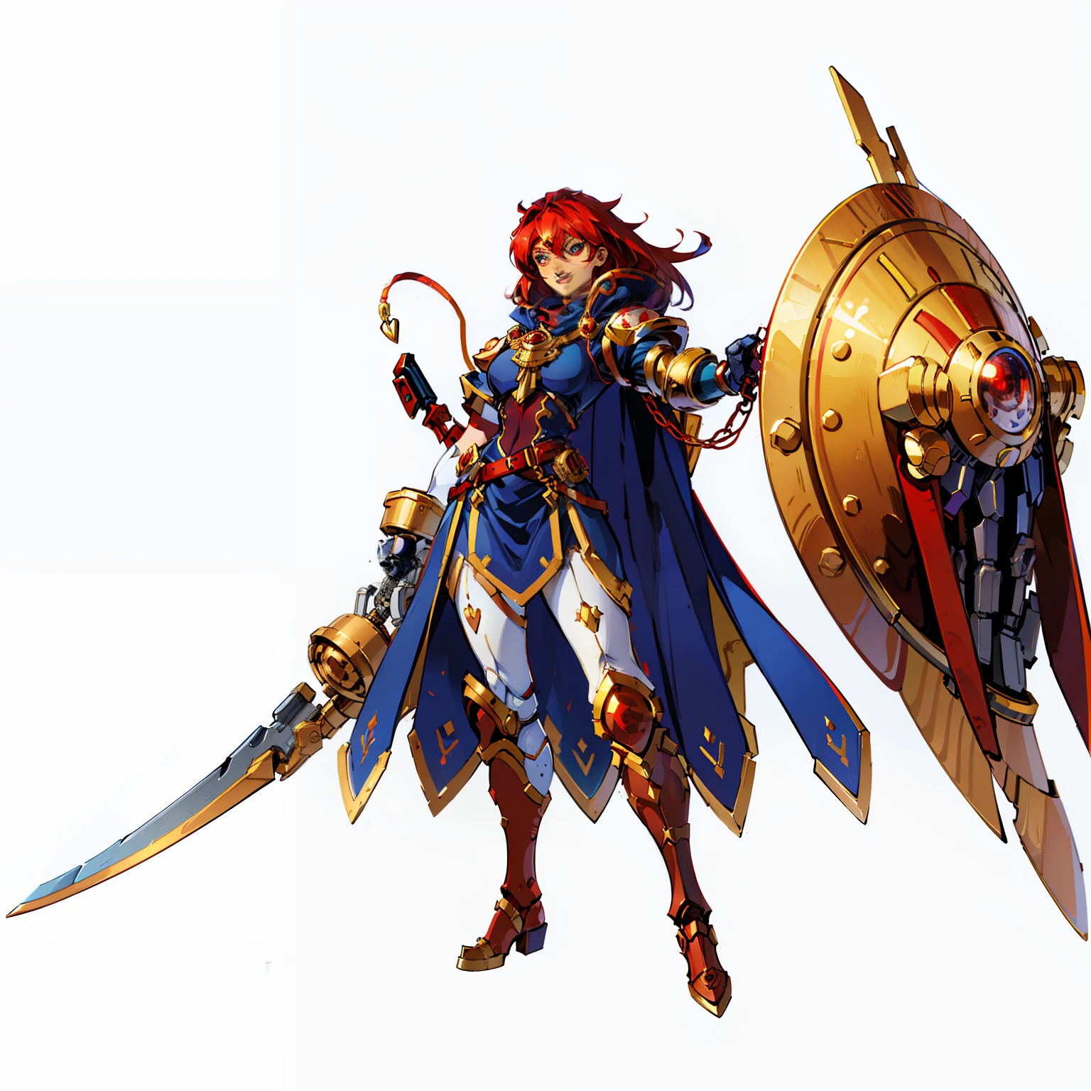 femele, Full body shot, No background, White background, space suits, Full body shot, Seductive smile, Eye patch above one eye, captain, blue and red and gold, The weapon is a giant mechanical arm with one hand