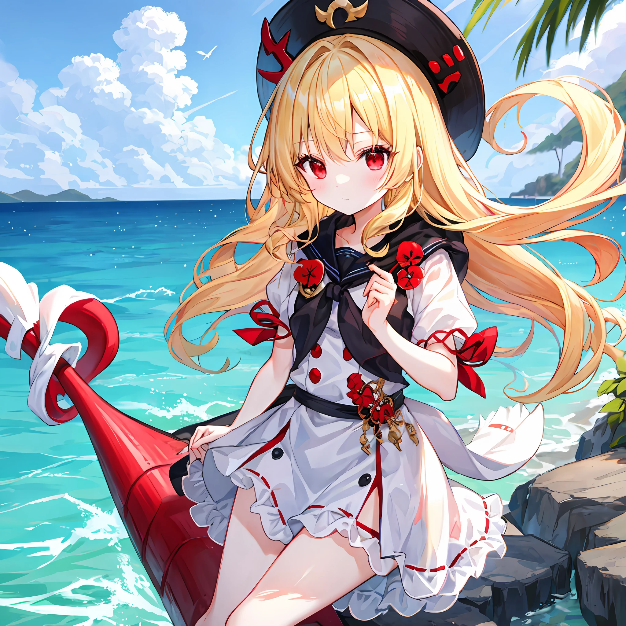 hair wavy、a blonde girl、独奏、red eyes、doress、sea side