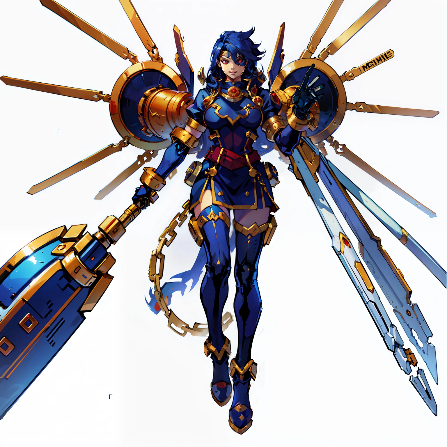 femele, Full body shot, No background, White background, space suits, Full body shot, Seductive smile, Eye patch above one eye, captain, blue and red and gold, The weapon is a giant mechanical arm with one hand
