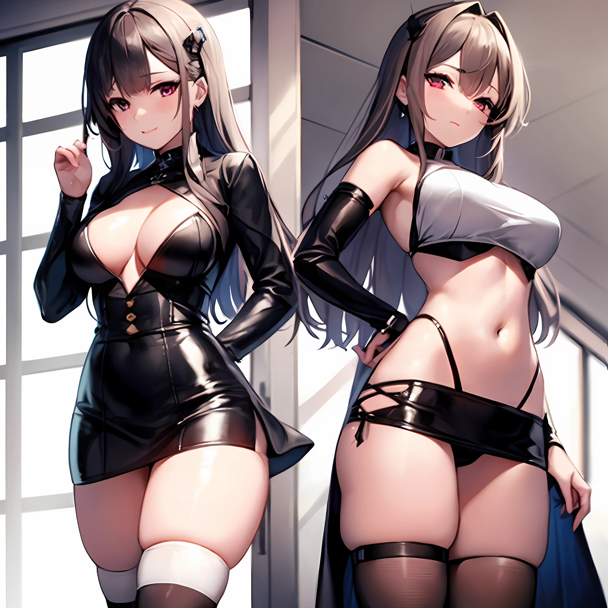 anime - style image of two women in leather outfits posing for a picture, seductive anime girls, black-white skintight robes!, small curvaceous , Kantai collection style, azur lane style, thicc, Anime girls, ecchi anime style, Fine details. Girl Front, from girls frontline, Smooth anime CG art, WLOP and Sakimichan