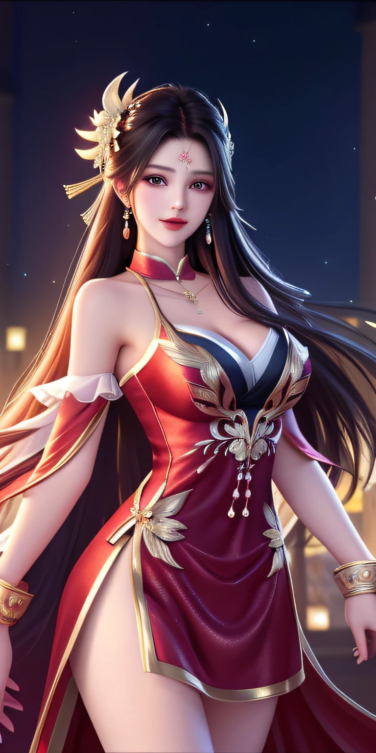 best qualtiy， tmasterpiece， A high resolution， 1girll，Bigchest，huge tit，long leges， Clear red silk porcelain dress， beauitful face， hair adornments， looking at viewert， ssmile， Shut your mouth， cparted lips， shift dresses， hair adornments， choker necklace， jewely， long whitr hair， 耳Nipple Ring， beauitful face， upon body， Tyndall effect， hentail realism， Dark Studio， edge lit， twotonelighting， （highdetailskin： 1.2）， 8K, Ultra HD， digital SLR camera， softlighting， high high quality， Volumetriclighting， photore， High resolution 4K， 8K， The background is blurred out