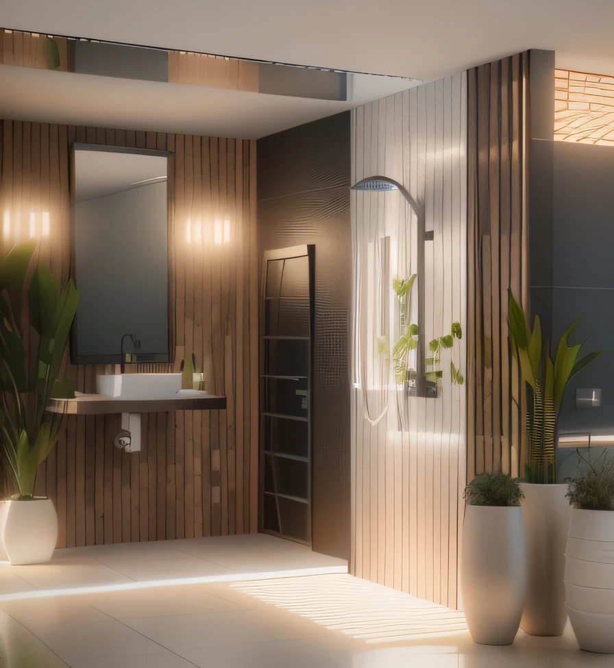 a rendering of a bathroom with sink, espelho, chuveiro, e vasos de plantas, parede em madeira ripada, External Area. Detailed rendering, conceitual, arredores detalhados, detailed render, design de banheiro premium, digital render, 2 d render, conceptual rendering, 3 d renders, Casa Conceito, detailed renderings, sketch - up, detailed 3d render, detailed 3d render, projeto residencial, design ao ar livre, vue 3d render