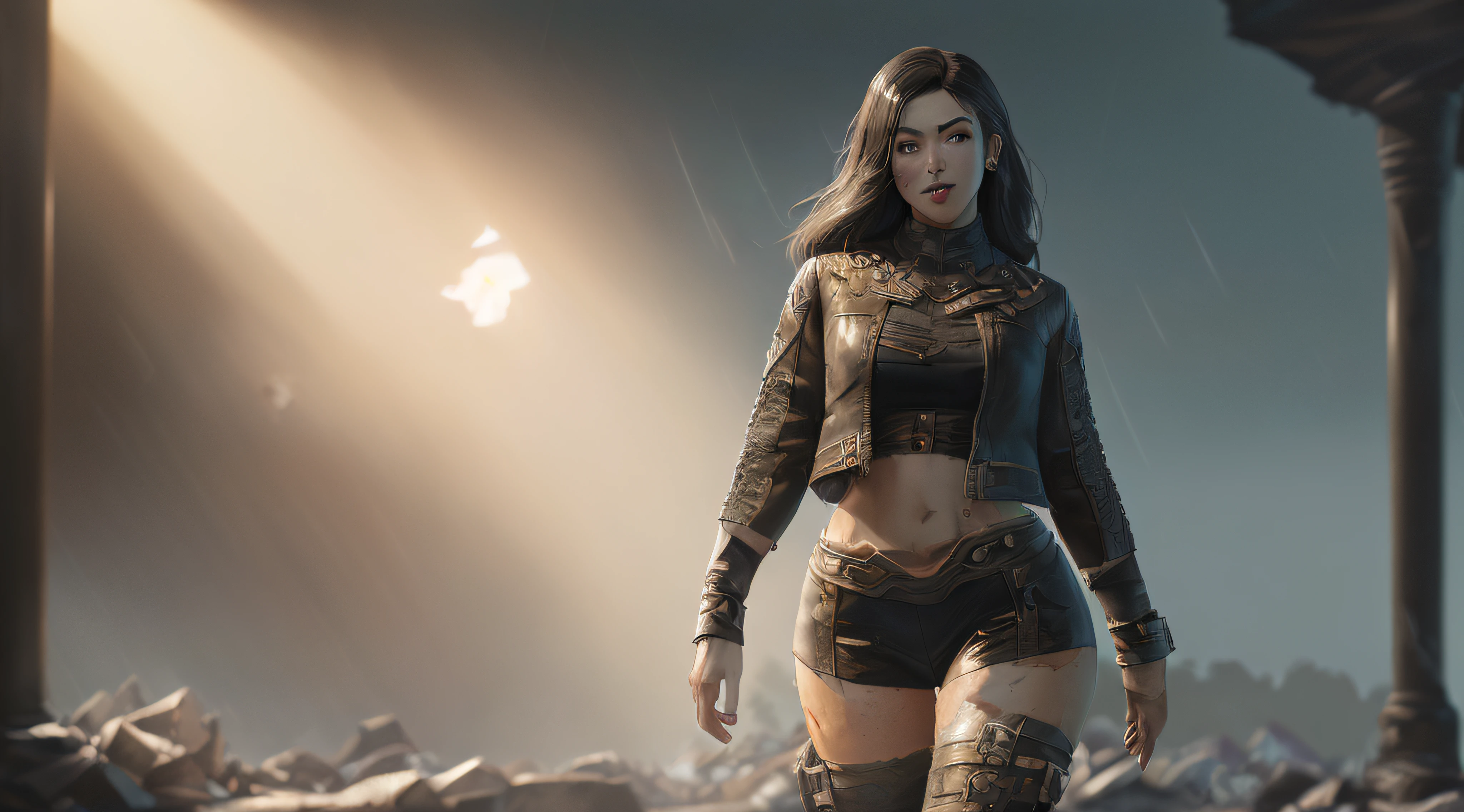 close up, dynamic pose, female heroine, ((epic heroic fantasy muscular rugged wet wounded angry looking with long hair and fierce looking, 32k unity render, action shot, dark lighting, heavy shadows, detailed, detailed face, (vibrant, photo realistic, realistic, dramatic, dark, sharp focus), (weathered damaged old worn leather outfit:1.4), (intricate:1.4), decadent, (highly detailed:1.4), digital painting, octane render, artstation, concept art, smooth, sharp focus, illustration, art by artgerm, (loish:0.23), wlop ilya kuvshinov, and greg rutkowski and alphonse mucha gracias, (global illumination, studio light, volumetric light), heavy rain, particles floating
