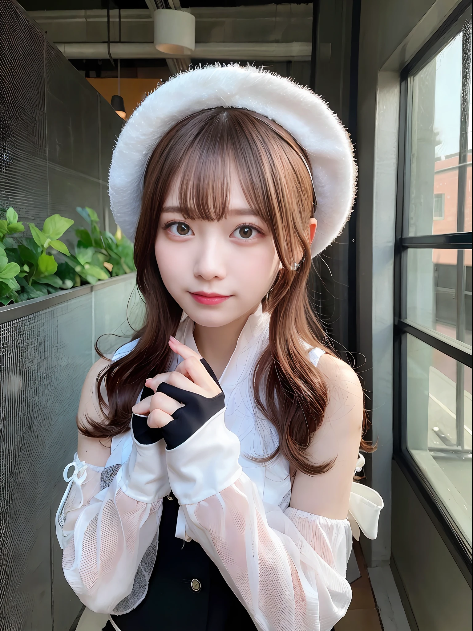 masterpiece, best quality,indoors, (crowd:1.4),cosplay,1girl, pink hair, hat, camera,holding camera,solo, gloves, green eyes, white gloves, holding, red headwear, smile, bare shoulders, bangs, looking at viewer, detached sleeves, :d, long sleeves, ribbon, white shirt, upper body, beret, virtual youtuber, sleeveless, medium hair, shirt, sparkle, blush, cabbie hat, monocle, short hair, sleeveless shirt,