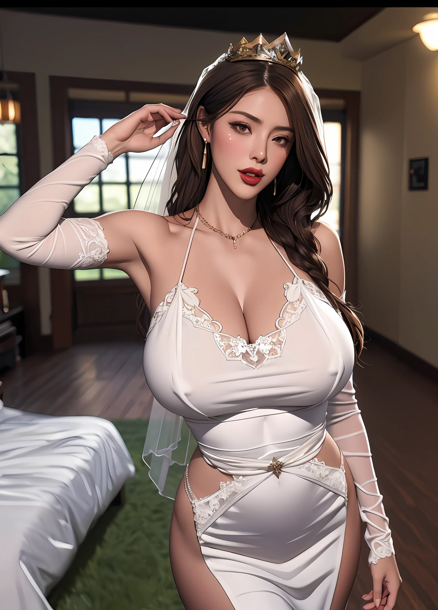 ((midynight, Need, 8K, tmasterpiece:1.3)), View Full Body 1:2,Long legs, Focalors:1.2, Supermodel beauty:1.4,The ratio of the upper body to the lower body itself5:8,Slender thighs,Height 1.8 meters,Four-pack abs,Fitness trainer,Waist 63, ((Long dark brown hair, huge tit:1.2 )), (standing on your feet:1.2), ((,inside a room:1.3)), Highly detailed facial and skin texture, photography of,tmasterpiece,best qualtiy,dark grey background,Red gemstone high heels((1 plump stretch M cup breast,Until waiting to be worn,a variety of poses。breasts out,Super detailed face,No underwear,Obscene and coquettish pose,White-gold trimmed sheer lace strap wedding dress,Precious masonry necklace,Precious masonry earrings,Queen's Crown,Cover eyes with fuchsia gauze, Orgasm sticks out of the tongue,squating,legs separated,Rub your own milk vigorously,wistful expression