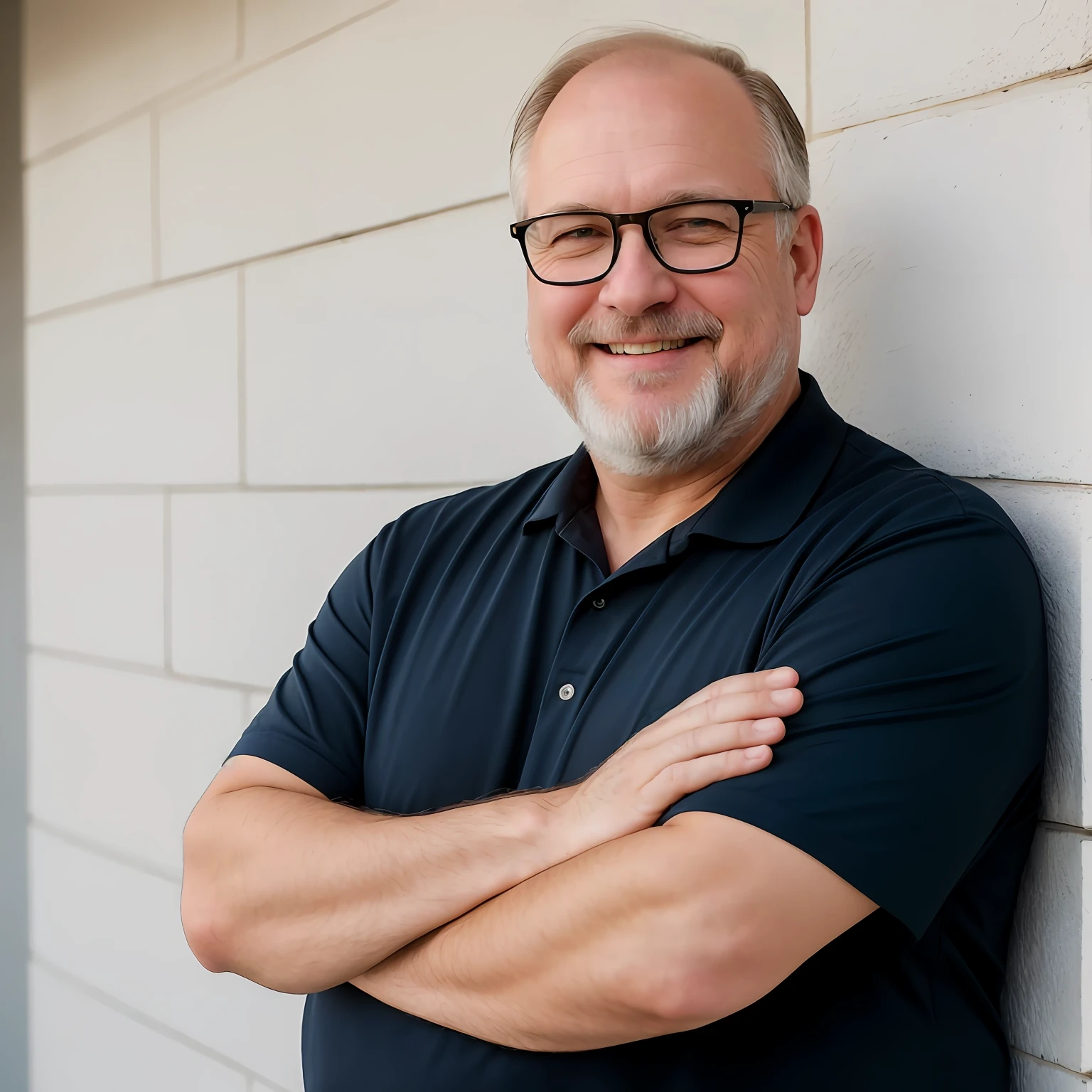 "High-quality RAW photo: Portrait of a friendly 55-year-old Caucasian average looking, chubby, Englishman, balding, bearded, not handsome man, wearing a dark navy-blue shirt and glasses. Relaxed. Show upper body. Smiling broadly. He is standing against a clean, bright white wall, showcasing his natural skin pale tones. Natural lighting. Shot in 8K UHD resolution with film grain aesthetics." resembling Fujifilm XT3."