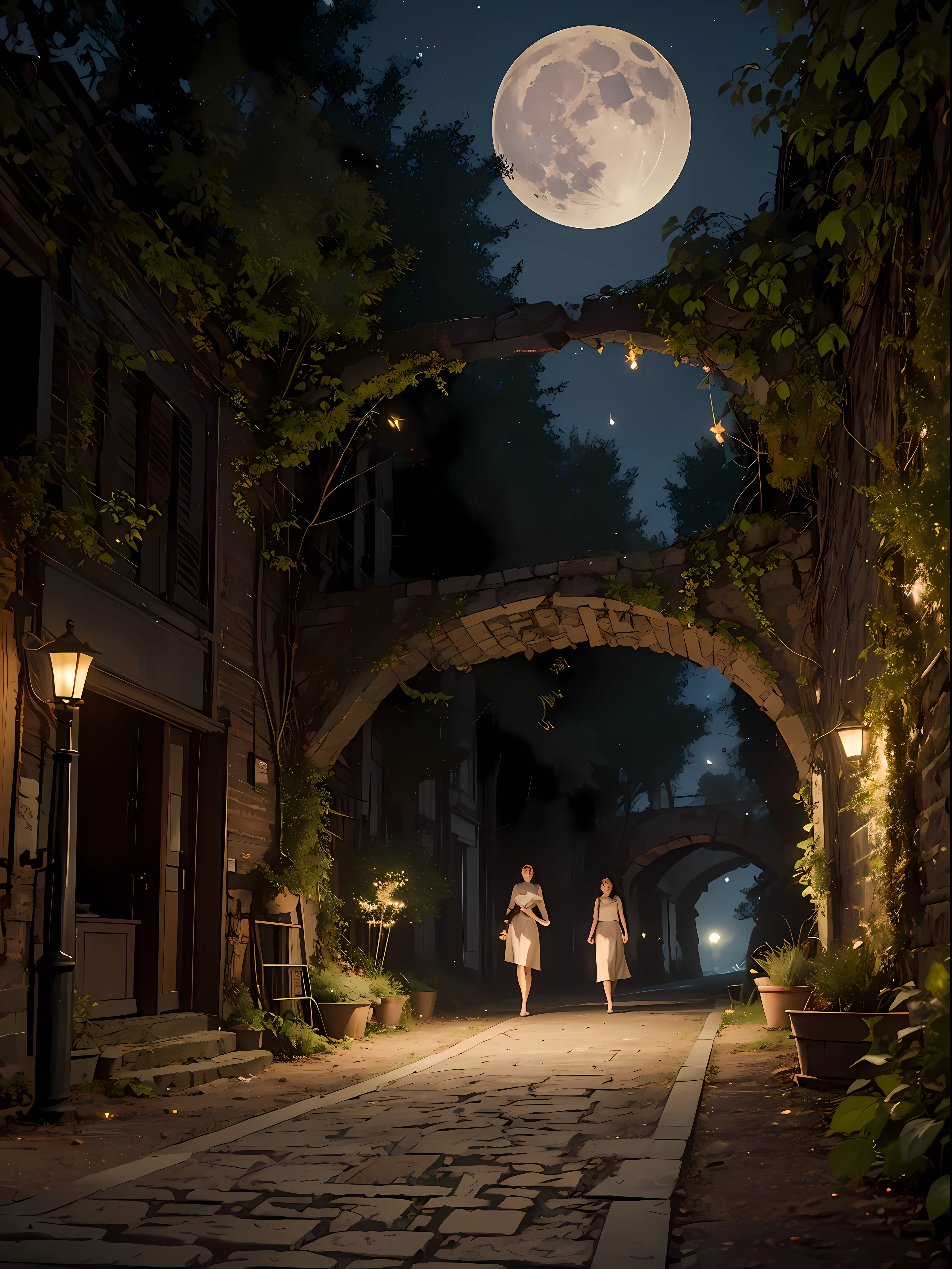 Official Art, Ancient Italy, Ancient Streets, (Lots of Fireflies), (Night), (Moon), Lights, Beautiful Landscapes, Epic Landscapes, Realistic Lights, Masterpiece, High Quality, Beautiful Graphics, High Detail , Global Illumination, Unreal Engine Rendering, Octane Rendering, (HDR: 1.3)