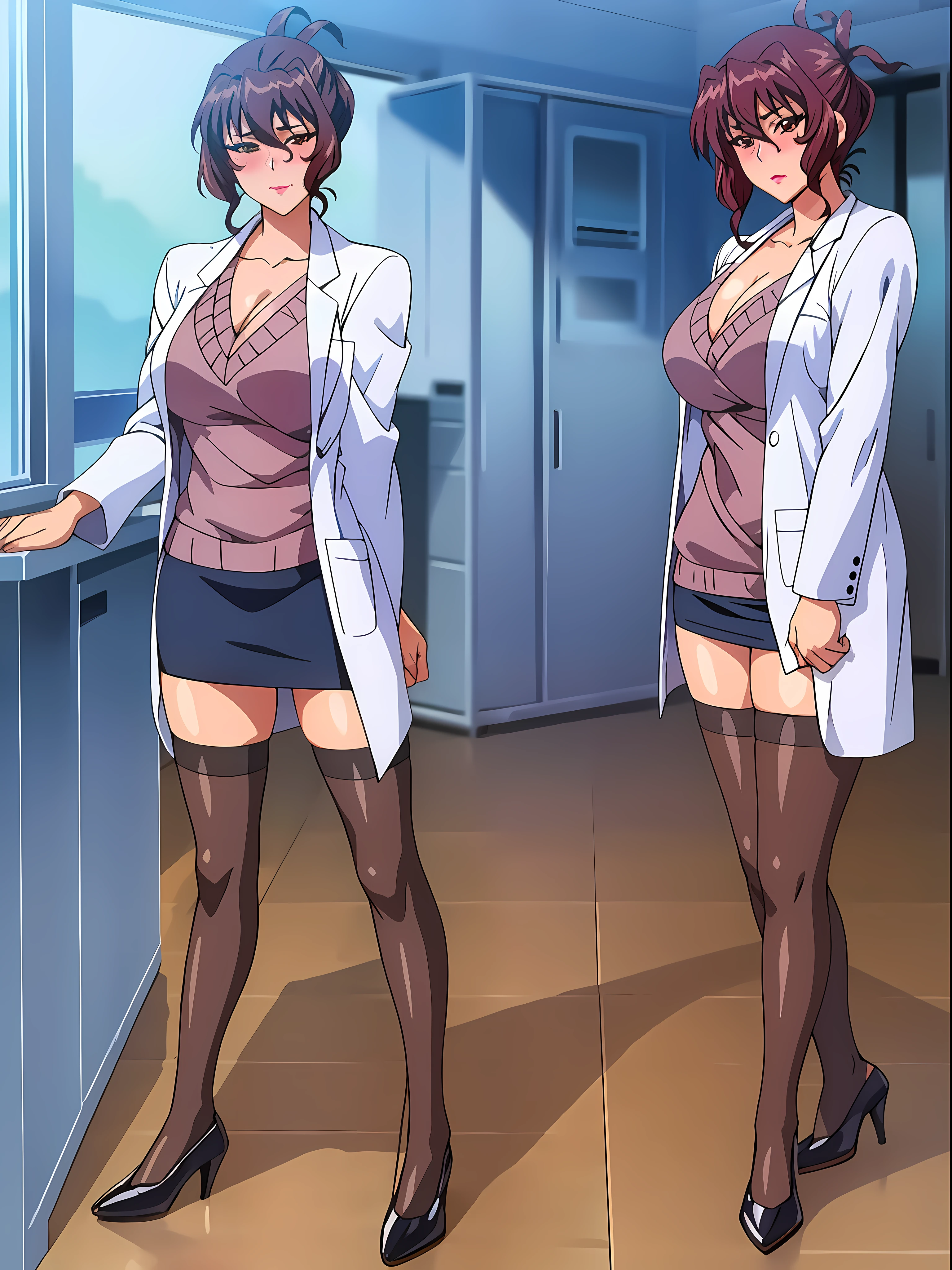 (beautiful hand:1.2), (masterpiece, best quality:1.3), Aiko Katsuragi, mature female, (full body shot:1.05), milf, 1girl, anime face, doctor, labcoat, short pencil skirt, (thighhighs:1.05), highheels, makeup, large breasts, lipstick, brown eyes, folded ponytail, brown hair, cleavage, perfect body, (athletic body:1.3), perfect eyes, perfect retina, anime eyes, eyeliner, eyeshadow, perfect face, (caring look:1.1), look at viewer, blush, high sharpness, sharp focus, medical room, professional artwork, intricate details, vivid colors, Diffused lighting, digital blending, ultra detailed body, ultra detailed hair, ultra detailed face, trending on pixiv
