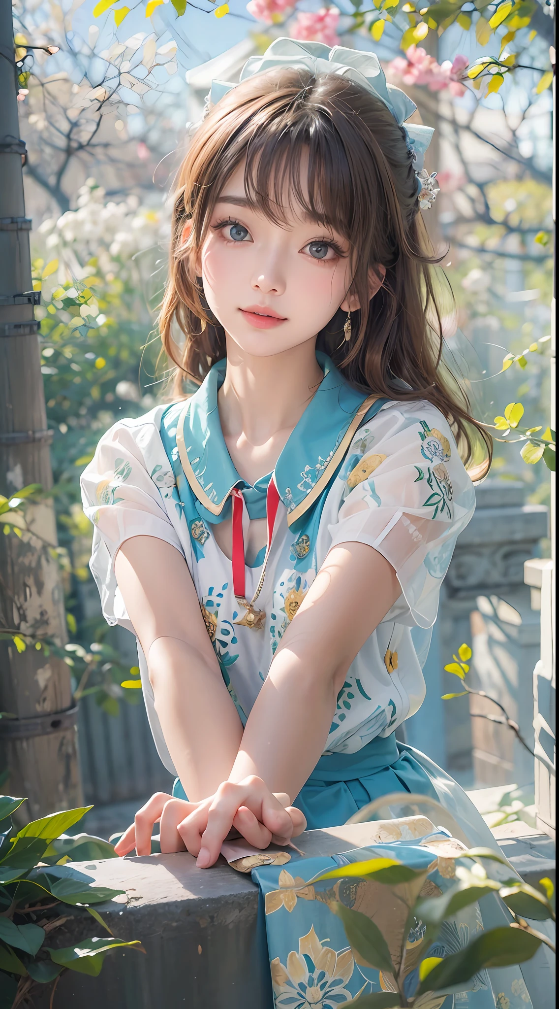 masterpiece, 1 beautiful girl, A detailed eye, Swollen eyes, top-quality, 超A high resolution, (reality: 1.4), 电影灯光, japanes, Trendy Korean Cosmetics、a asian beauty, very extremely beautiful, Beautiful skins, A slender, Forward-facing body, (A hyper-realistic), (hight resolution), (8K), (ighly detailed), ( Best Illustration), (beautifully detailed eyes), (ultra-detailliert), (wall-paper), 详细的脸, Bright lighting, Professional Lighting, looking at the viewers, Facing straight ahead、、short-hair、Neat and clean clothing、background slightly blurred、Urban street trees、Hair color is partially bright blue、Japanese high school girl、School Uniforms、Amazing smile、eye color is brown、