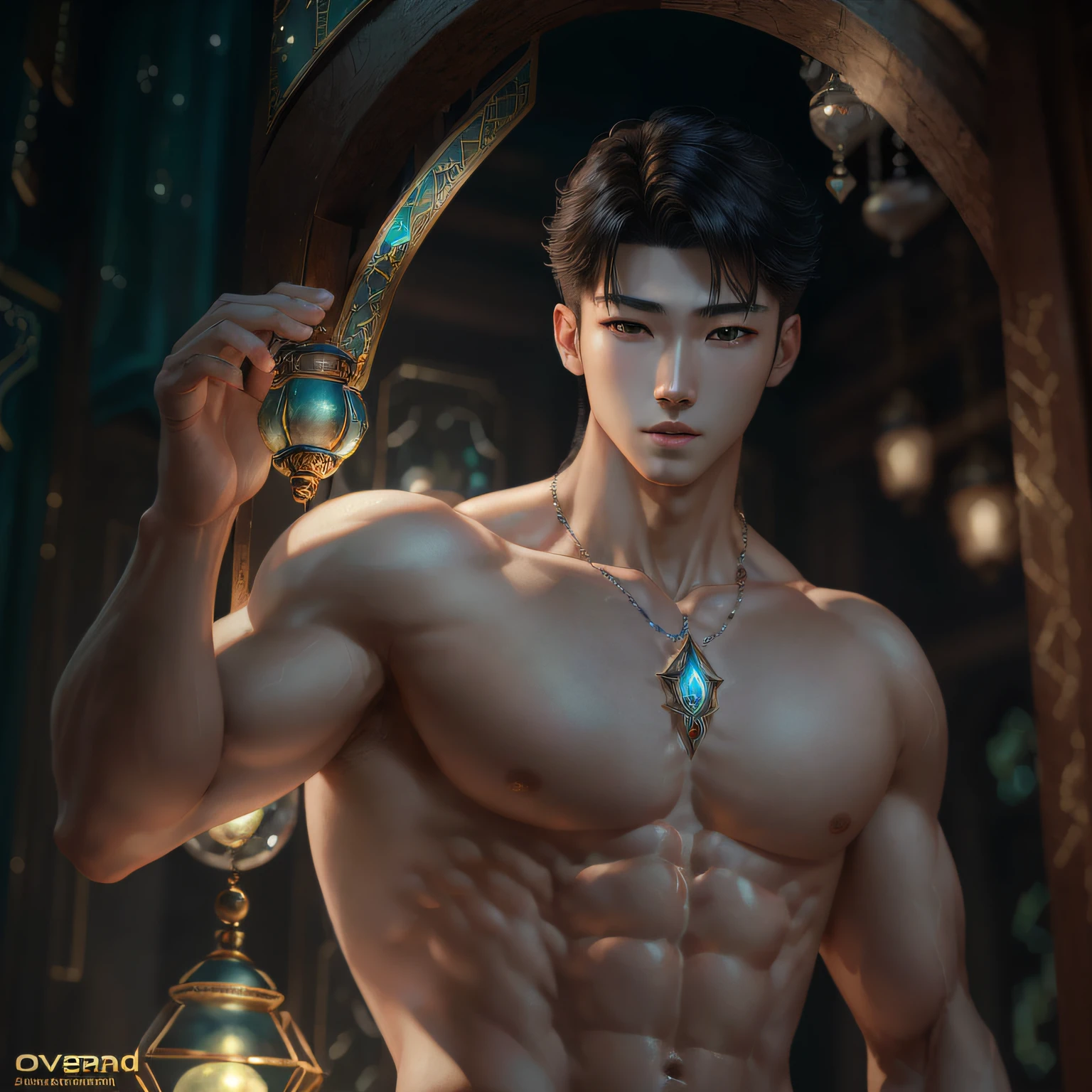 oppav3, (masterpiece, ultra quality, high resolution, 8k, intricate: 1.2), (detailed face:1.2), handsome, Young Korean man ,white skin, double eyelids , detailed skin, 1boy, ((realistic)), abs, good lighting quality, muscle veins, ((pale skin)), flexing, (enchanted:1.6), low angle, --auto