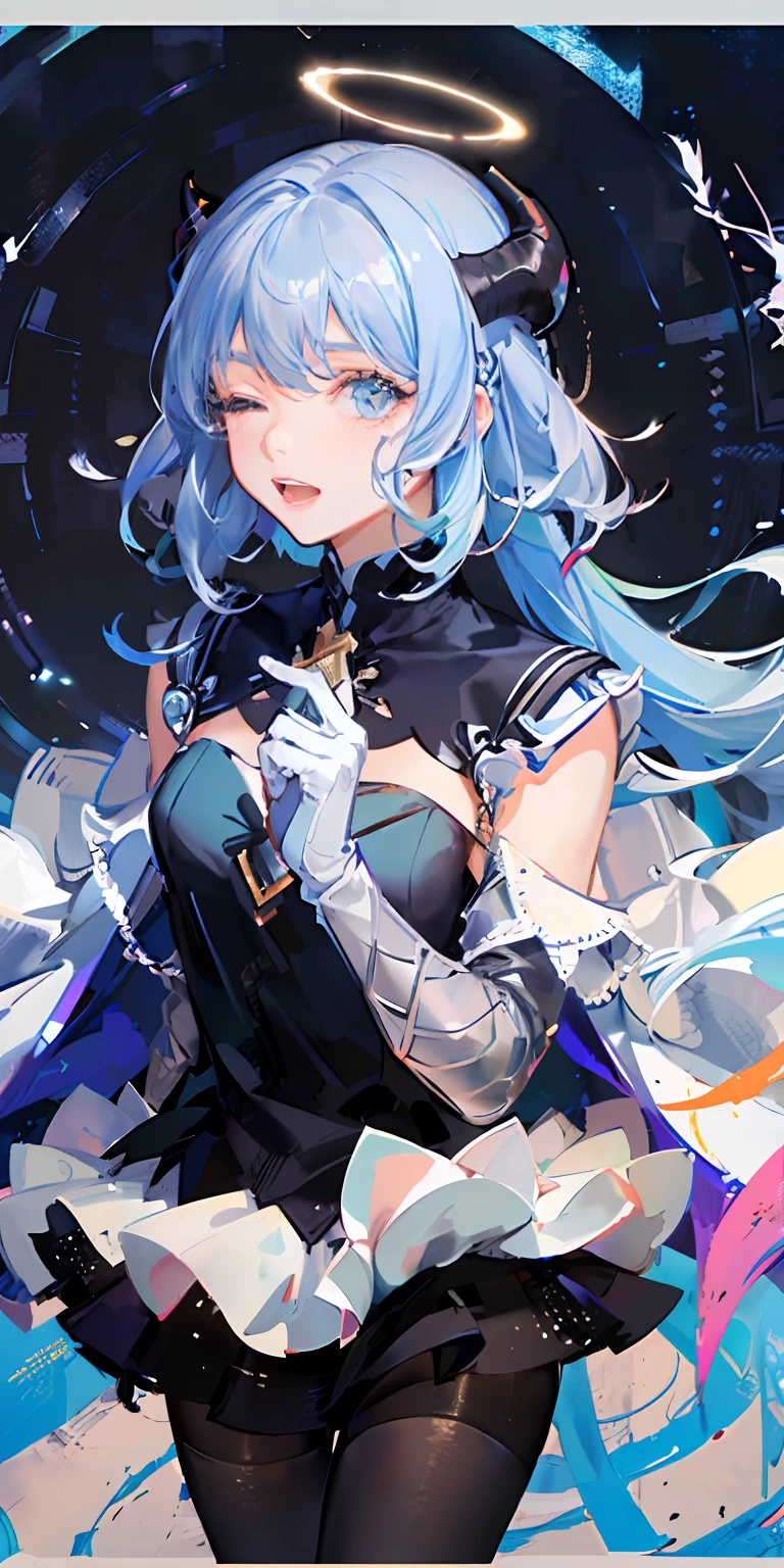 (Highest Quality), (Masterpiece), (Super Detailed), (Eye Detail: 1.0), (Lens Flare: 1.0), (Movie Poster: 1.0), (Tarot Border: 1.0), Portrait Center, (Closeup: 1.0), (Negative Space: 0.8), (Negative Space: 1.6), (Solo), (Floating Color Mesh: 1.0), (Many Color Spikes: 1.0), (Floating Droplets: 1.0), ( Water Magic: 1.0), (Dappled Sun, Rays, Caustics: 1.2), (Iridescence: 1.0), (Beautiful Detail Halo: 1.0), (Lean Back: 1.2), (Grim Expression: 1.0) ,(small:1.0),(open mouth:1.0),(eyelashes),one eye closed,(light blue hair:1.4),(long hair:1.0),(facing viewer:1.3),(head tilt : 1.0), (dynamic pose: 1.1), (asymmetrical hair: 1.2), (orange, (casual, casual), (layered skirt), (gray eyes: 1.4), oblique bangs, high double ponytail, diamond hair ,long coat,(flowing cloak: 1.0),,(abstract background:1.4),(:1.1),(jump:1.1),(tan:1.1),(upper body:1.25),thinking,pupil,++,co-feather , strapless, tights, (white gloves: 1.3), black and red double horns, sleepy