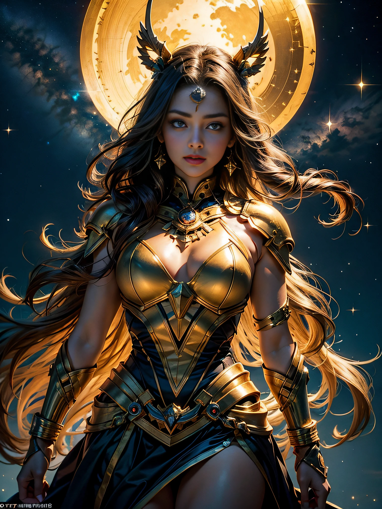 Sagittarius image,Magical golden Sagittarius astrolabe,(The upper body is the image of a human body, and the lower body is the image of a horse's body),((Charming Sagittarius female character:1.2),(Sagittarius symbol:1.1),starryskybackground,The stars twinkle,A sense of mystery,Cosmic elements,Majestic and deep atmosphere,Gorgeous decorative details,mesmerizing eyes,long hair flowing,starlight embellishment,dream colors)