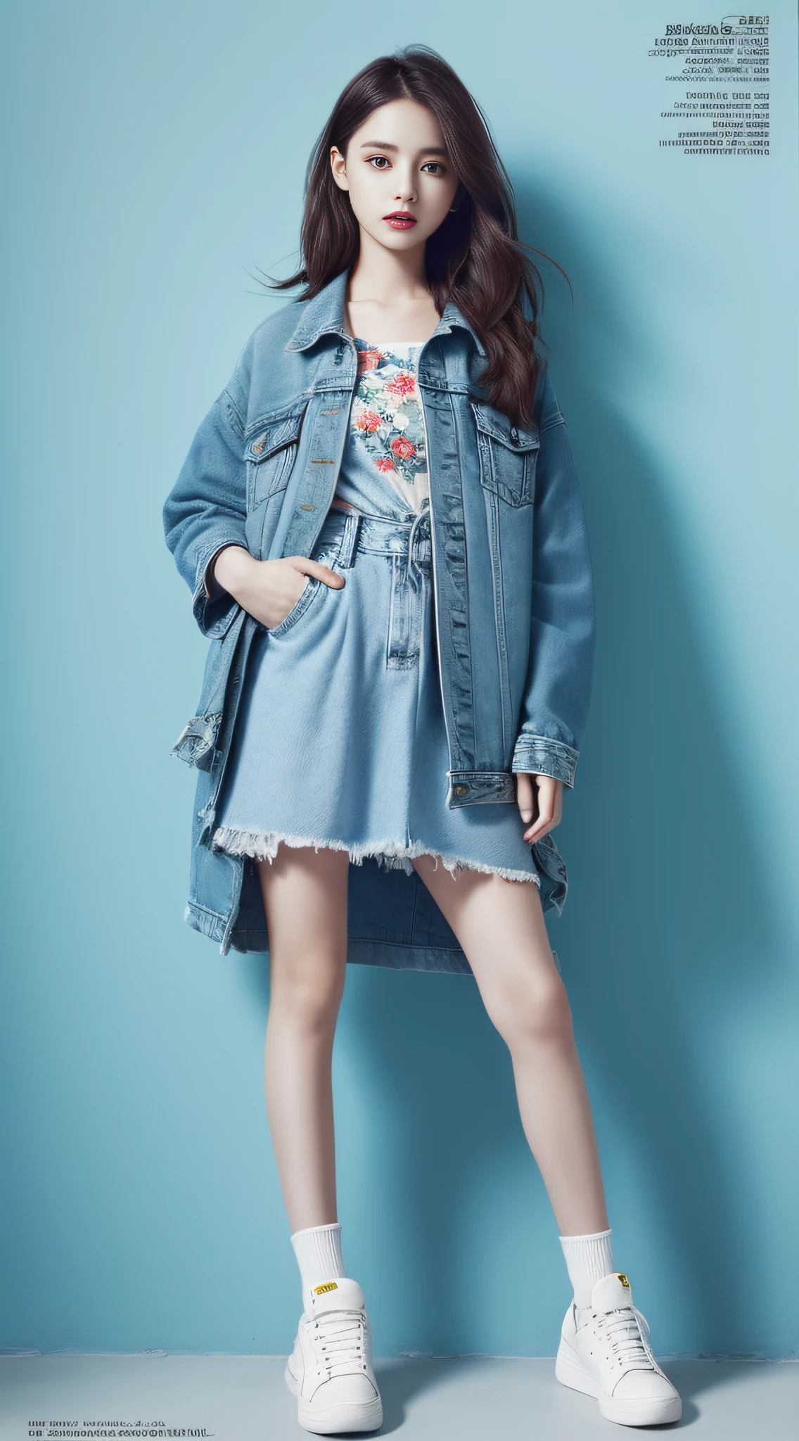 A super beautiful girl,Big bright eyes,Cool feeling,(fashion magazine coer:1.3),(floral dress, denim jacket, white sneakers)