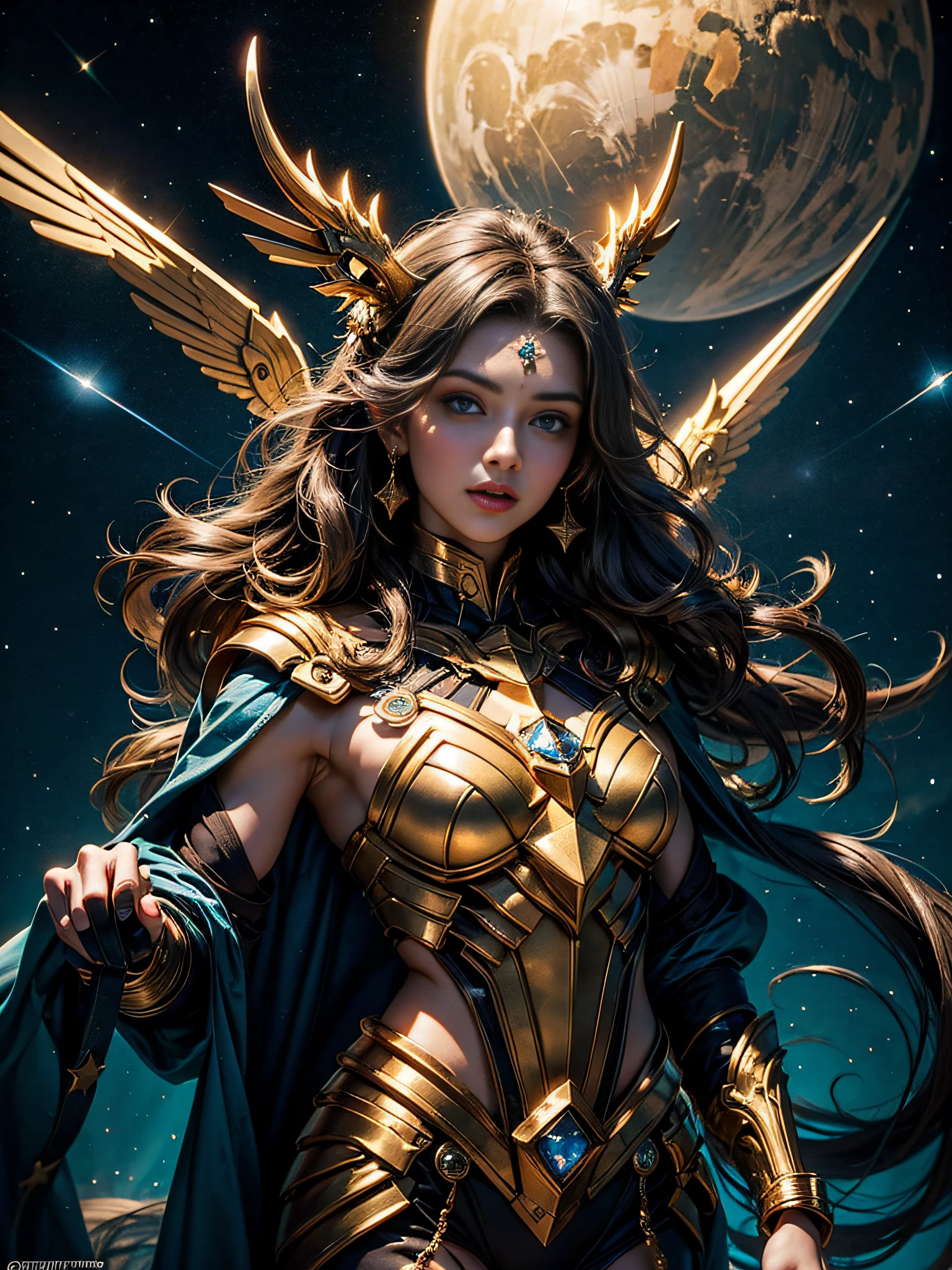Sagittarius image,Magical golden Sagittarius astrolabe,A Sagittarius figure dressed in a star-striped attire,(The upper body is the image of the human body, The lower body is the body image of a horse),((Charming Sagittarius female character:1.2),(Sagittarius symbol:1.1),starryskybackground,The stars twinkle,A sense of mystery,Cosmic elements,Majestic and deep atmosphere,Gorgeous decorative details,mesmerizing eyes,long hair flowing,starlight embellishment,dream colors)