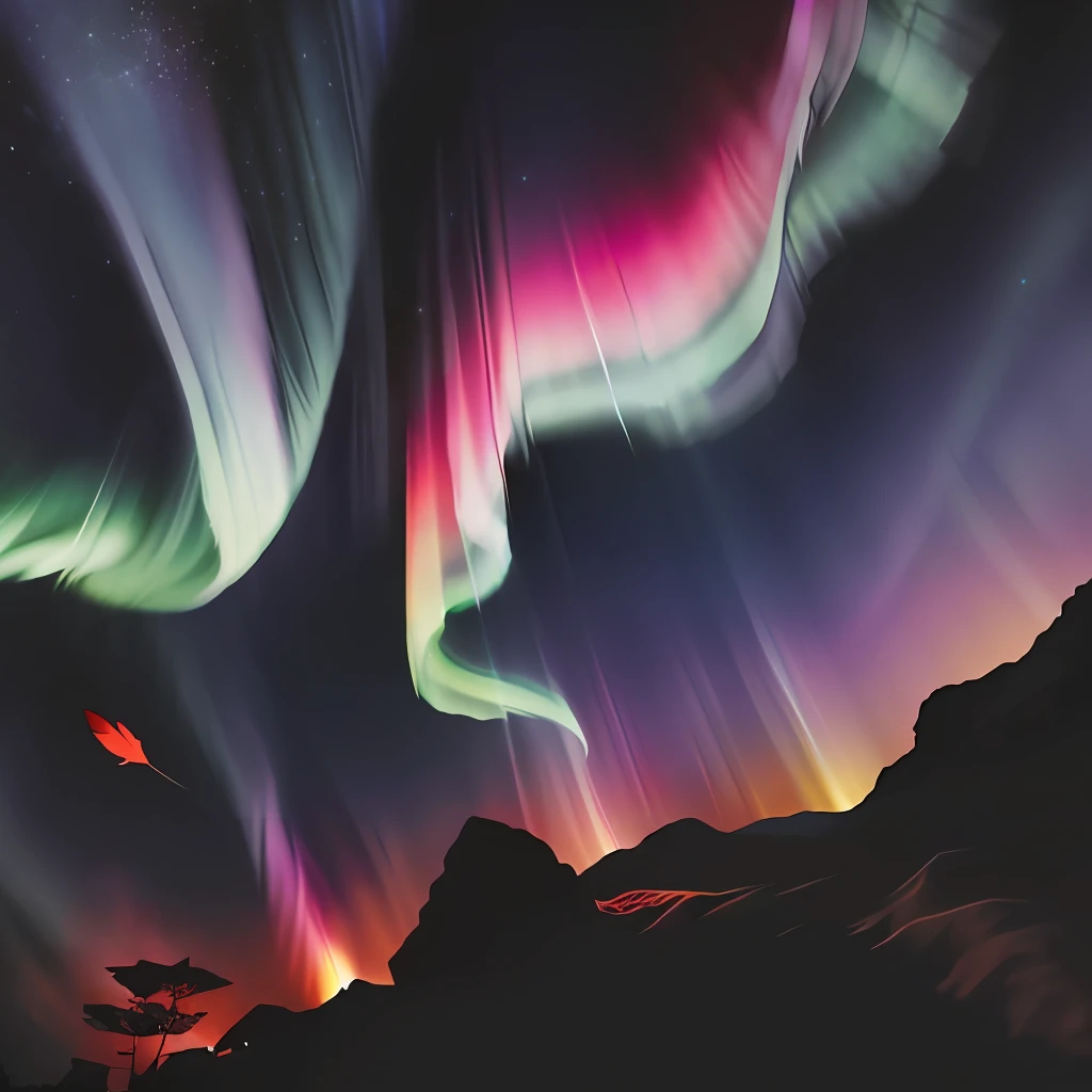A storm,dark all round,Leaves flying,There are colored auroras on the clouds