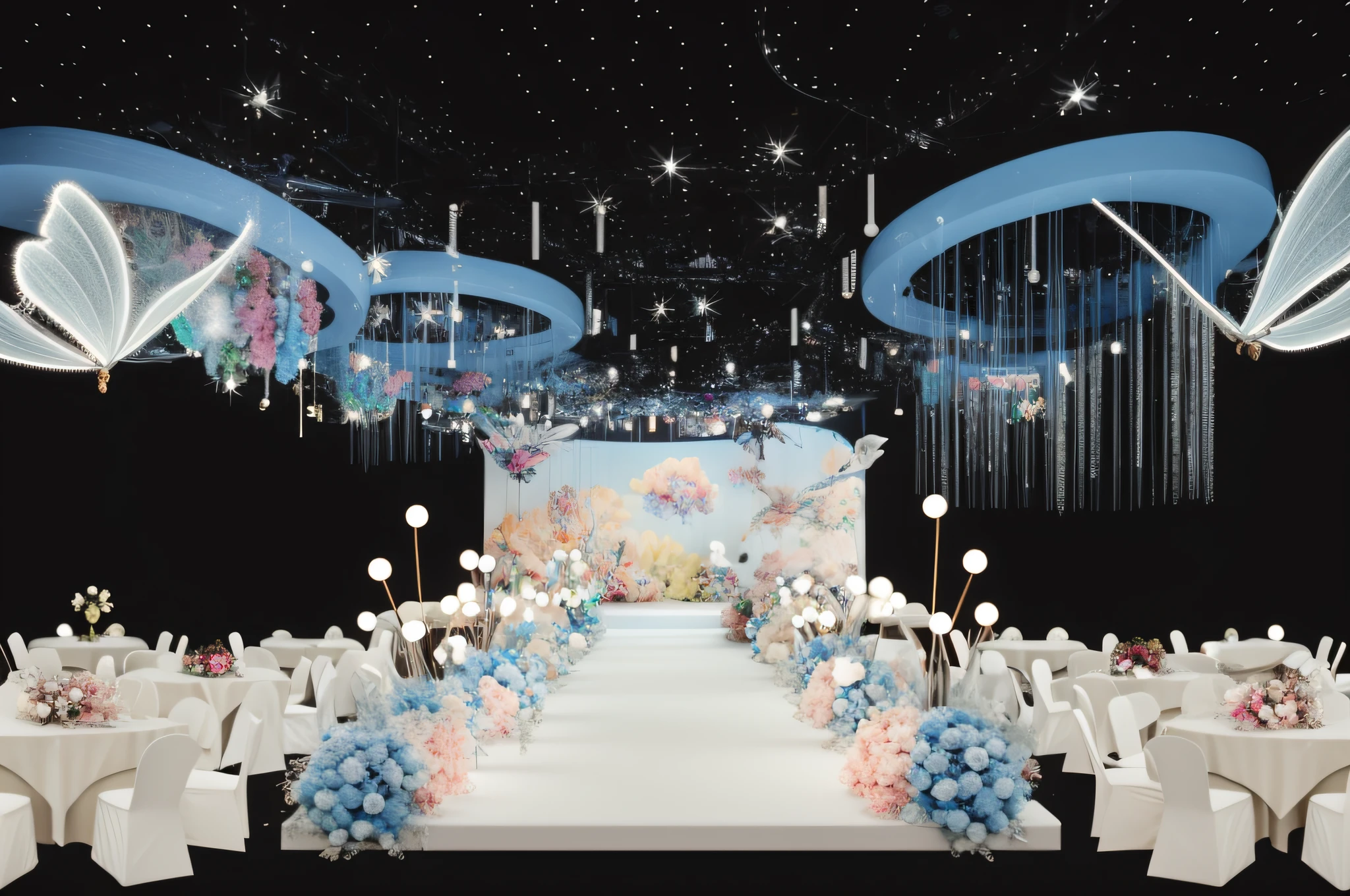 florals, (photorealestic:1.5), (Good shadows),Good construction,Volumetriclighting,cinematic ligh,(HighestQuali,Award-Awarded,tmasterpiece:1.5),Wedding Hall,Wedding design renderings,Clearer,8K,3Drenderingof,k hd,Brilliant light and shadow,Interior design,Three-dimensional,Exquisite,the detail,