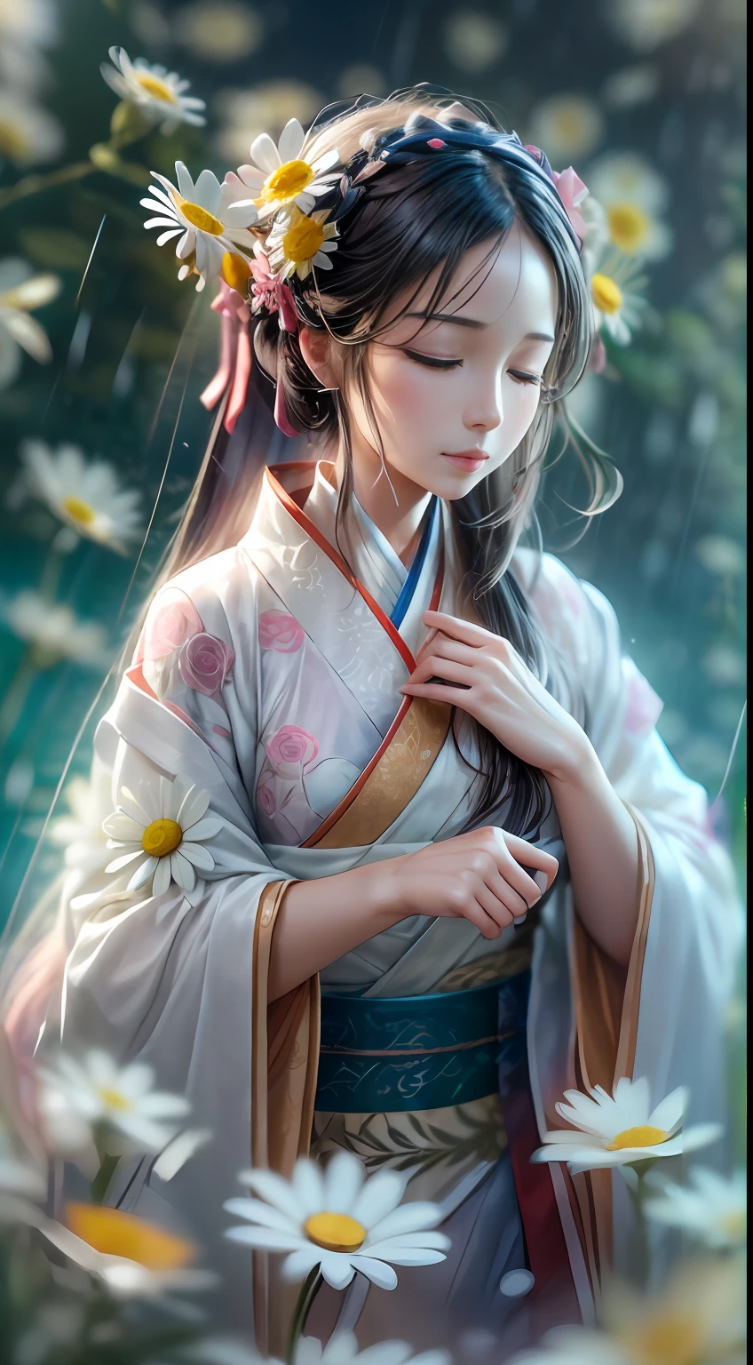 draw: 1.3), paper art, 3D rendering of, , (Beautiful side face，closing her eyes:1.3), Hanfu (Representative work as Little Daisy: 1.3), :1.2)(Masterpiece Rain:1.2) , Colorful, Best quality, Detailed details, Masterpiece, offcial art, movie light effect, 4K, Chiaroscuro , Flash
