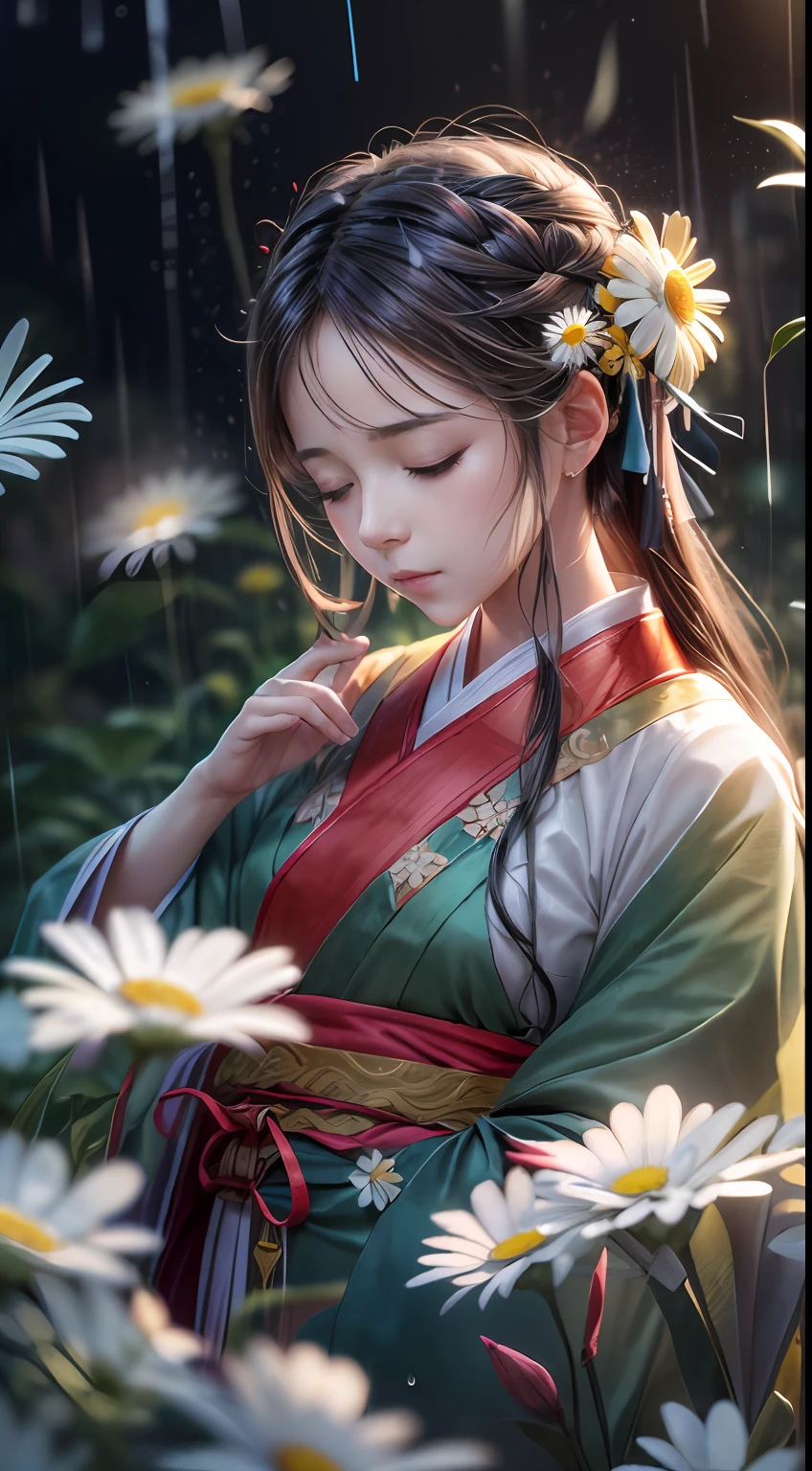 draw: 1.3), paper art, 3D rendering of, , (Beautiful side face,closing her eyes:1.3), Hanfu (Representative work as Little Daisy: 1.3), :1.2)(Masterpiece Rain:1.2) , Colorful, Best quality, Detailed details, Masterpiece, offcial art, movie light effect, 4K, Chiaroscuro , Flash