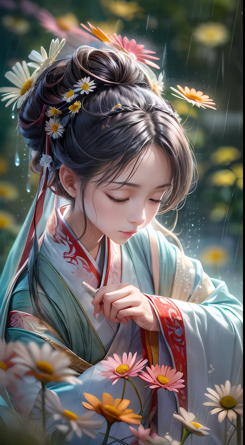 draw: 1.3), paper art, 3D rendering of, , (Beautiful side face,closing her eyes:1.3), Hanfu (Representative work as Little Daisy: 1.3), :1.2)(Masterpiece Rain:1.2) , Colorful, Best quality, Detailed details, Masterpiece, offcial art, movie light effect, 4K, Chiaroscuro , Flash