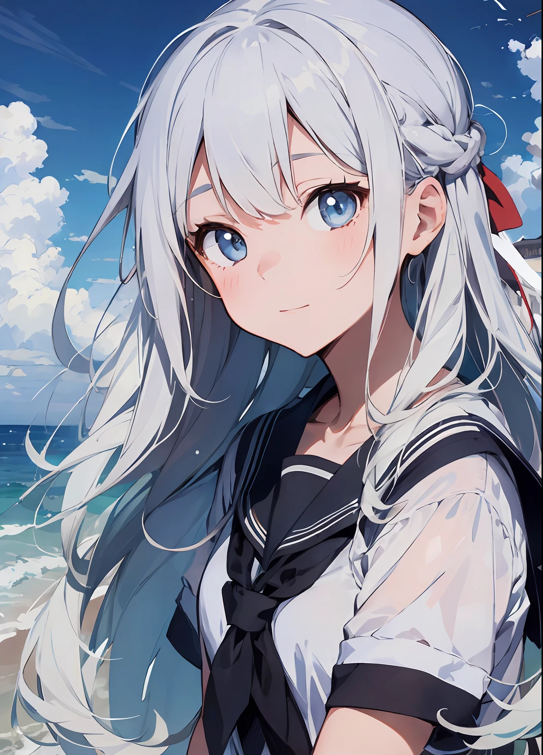 1girl, beautiful detailed eyes, long white hair, light blue eyes, school uniform, high white stocking, lustrous skin, seaside, beach, waves, high contrast, ((masterpiece, best quality))