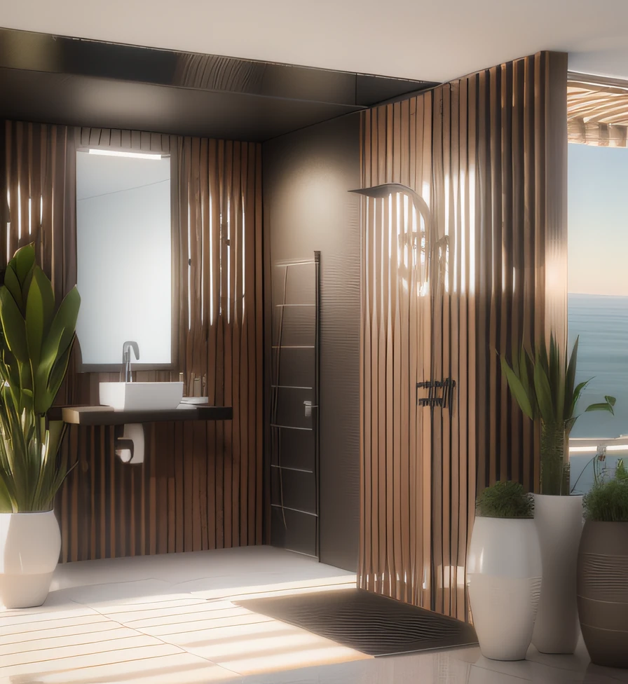 a rendering of a bathroom with sink, espelho, porta, teto de gesso, chuveiro preto, e vasos de plantas, parede em madeira ripada, External Area. Detailed rendering, conceitual, arredores detalhados, detailed render, design de banheiro premium, digital render, 2 d render, conceptual rendering, 3 d renders, Casa Conceito, detailed renderings, sketch - up, detailed 3d render, detailed 3d render, projeto residencial, design ao ar livre, vue 3d render