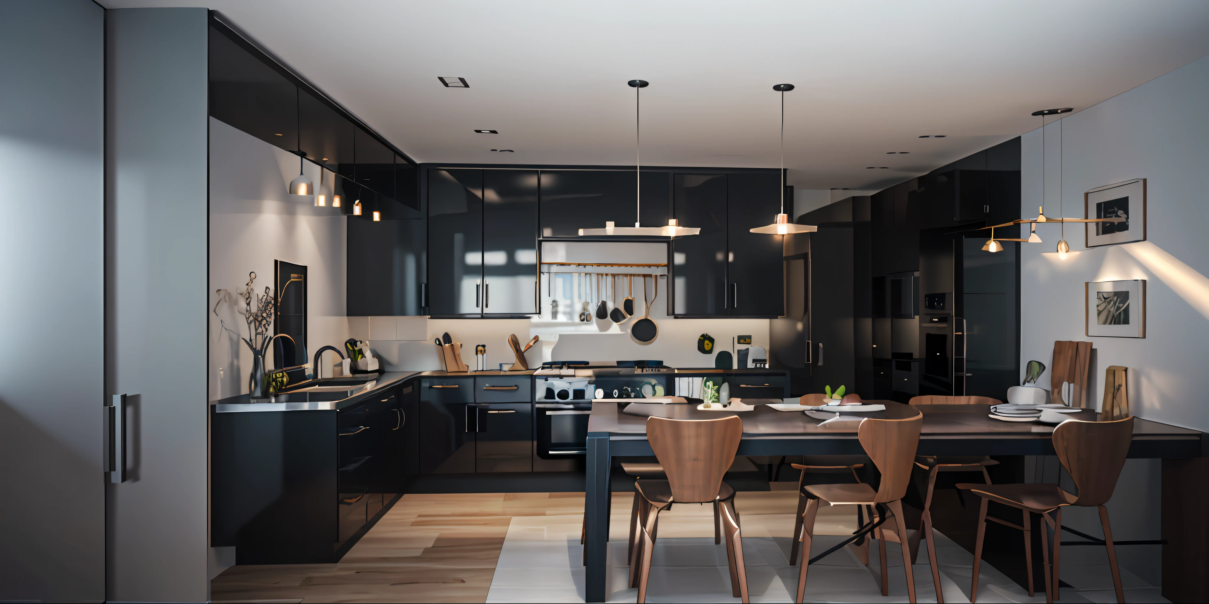 a rendering of a kitchen with a dining table and chairs, 3d rendering, 3 d rendering, cg rendering, kitchen, digital rendering, 3 - d render, 3 d rendered, 3d rendered, overheard camera view of kitchen, a digital rendering, 3d render, 3 d render, physical based rendering, detailed rendering, architectural rendering, 3d modeling