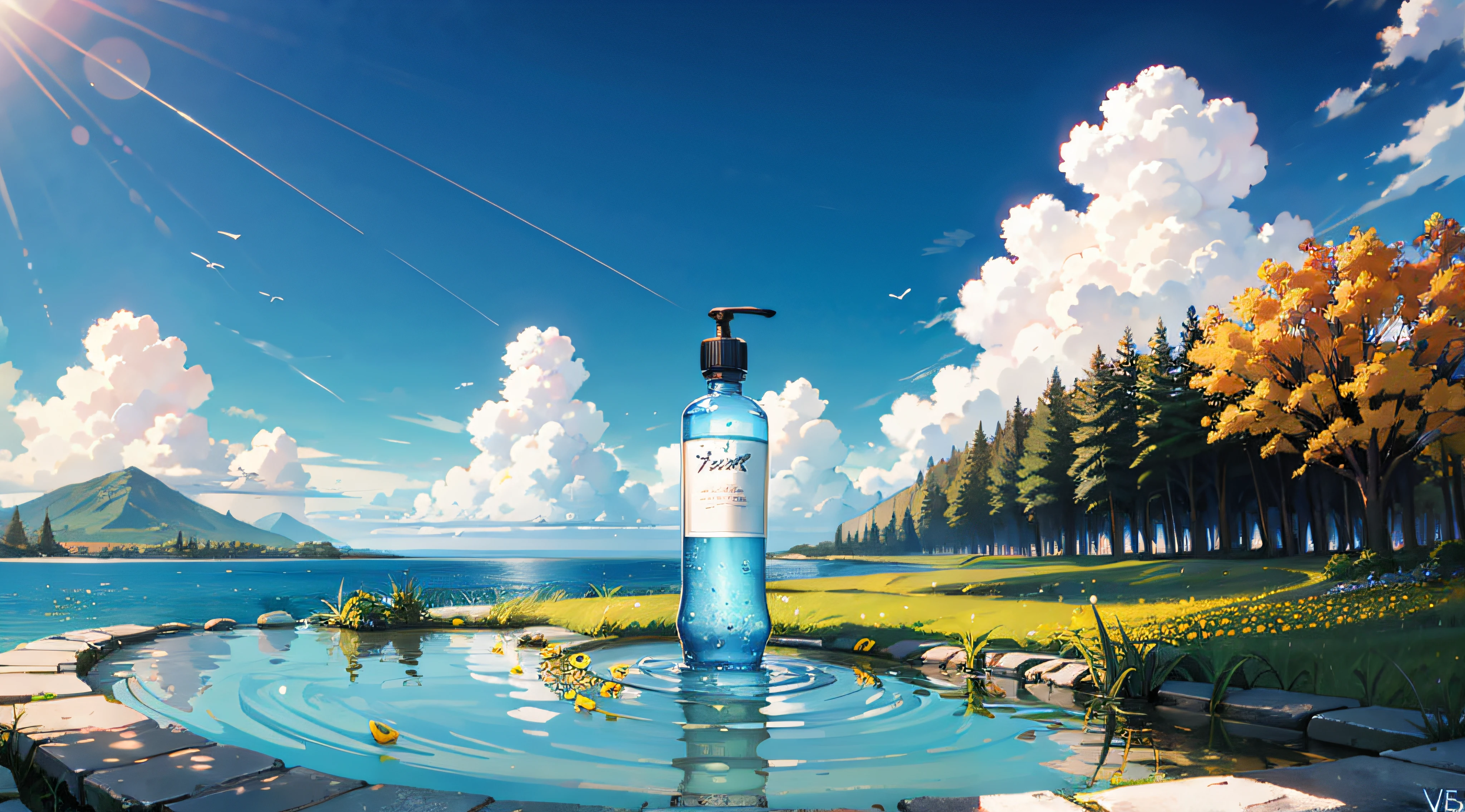 Hyper realistic scene, cosmetic bottle surrounded by yellow flowers, blue sky background, water, sunlight, low angle view, blender, product rendering, HD 8K. --v6